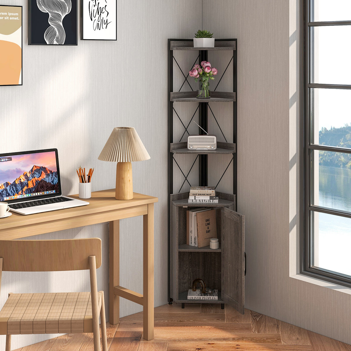 Tall Corner Storage Cabinet with 3-Tier Shelf and Enclosed Cabinet-Gray-Bookcases-DECOROLALA