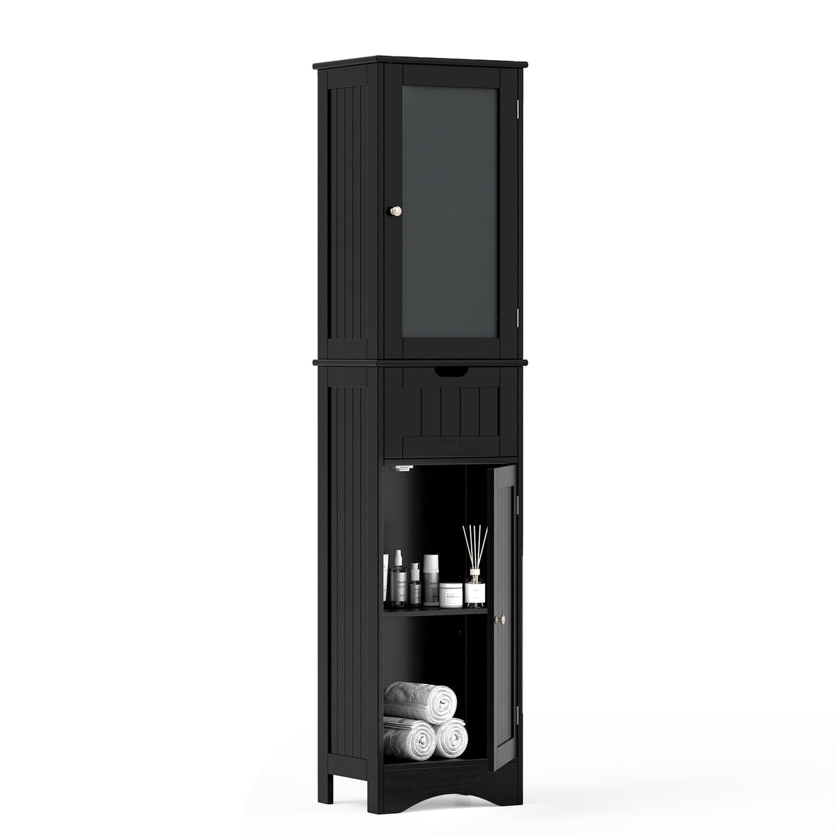 Tall Floor Storage Cabinet - Black 67" Slim Tower with Glass Doors-Floor Cabinets-DECOROLALA