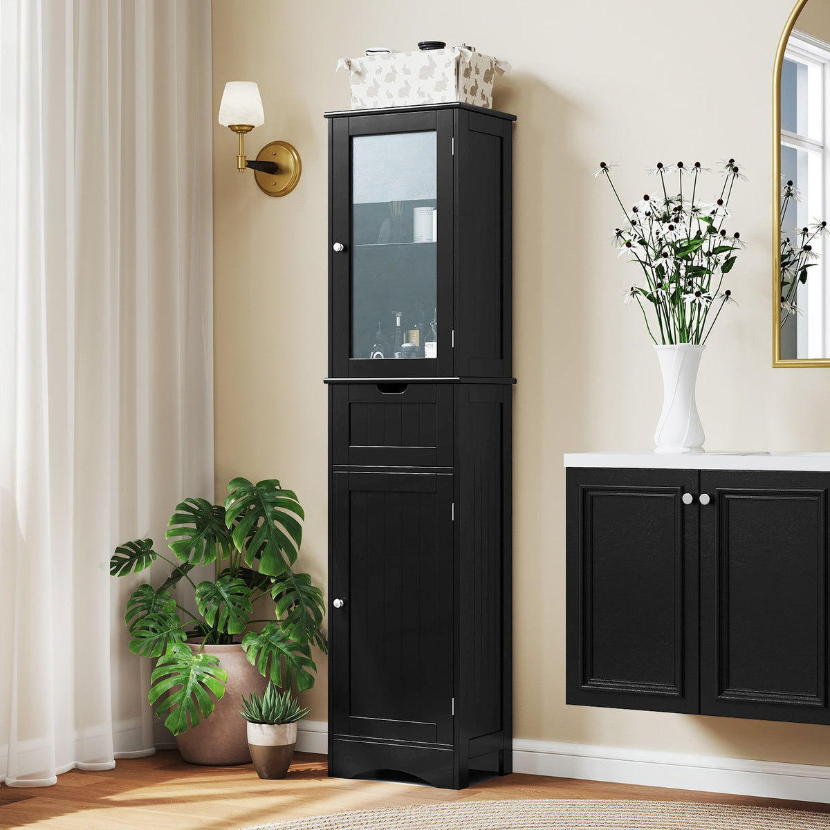 Tall Floor Storage Cabinet - Black 67" Slim Tower with Glass Doors-Floor Cabinets-DECOROLALA