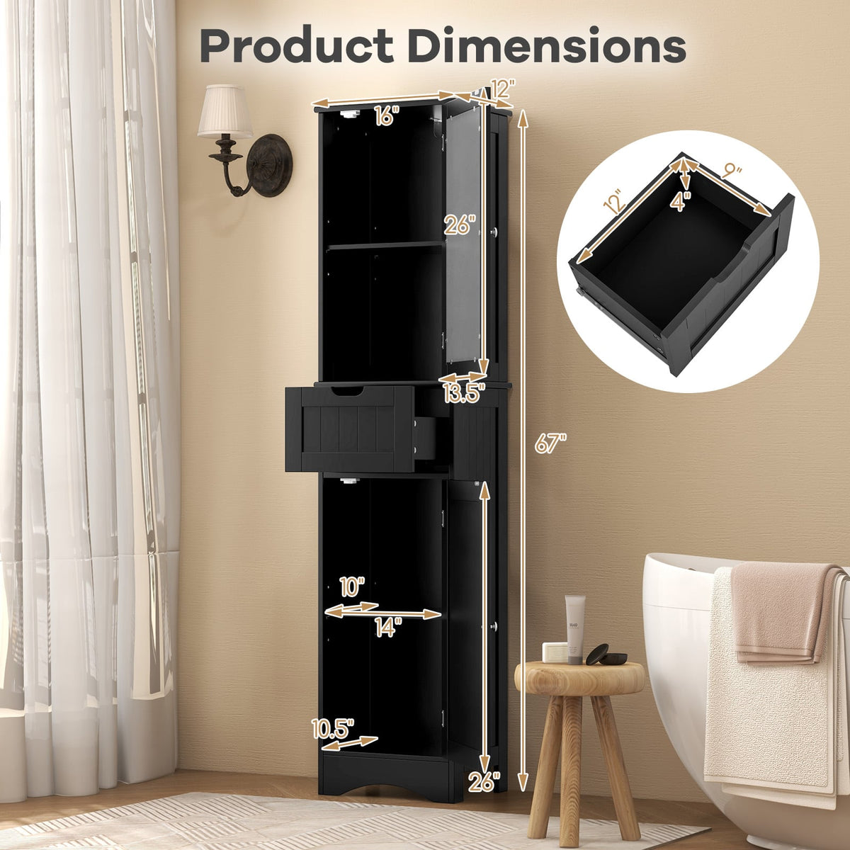 Tall Floor Storage Cabinet - Black 67" Slim Tower with Glass Doors-Floor Cabinets-DECOROLALA