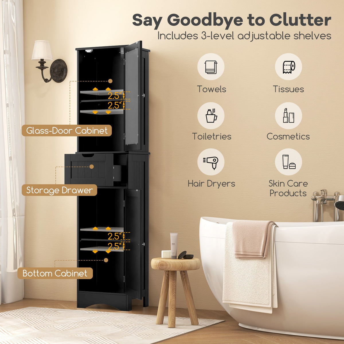 Tall Floor Storage Cabinet - Black 67" Slim Tower with Glass Doors-Floor Cabinets-DECOROLALA