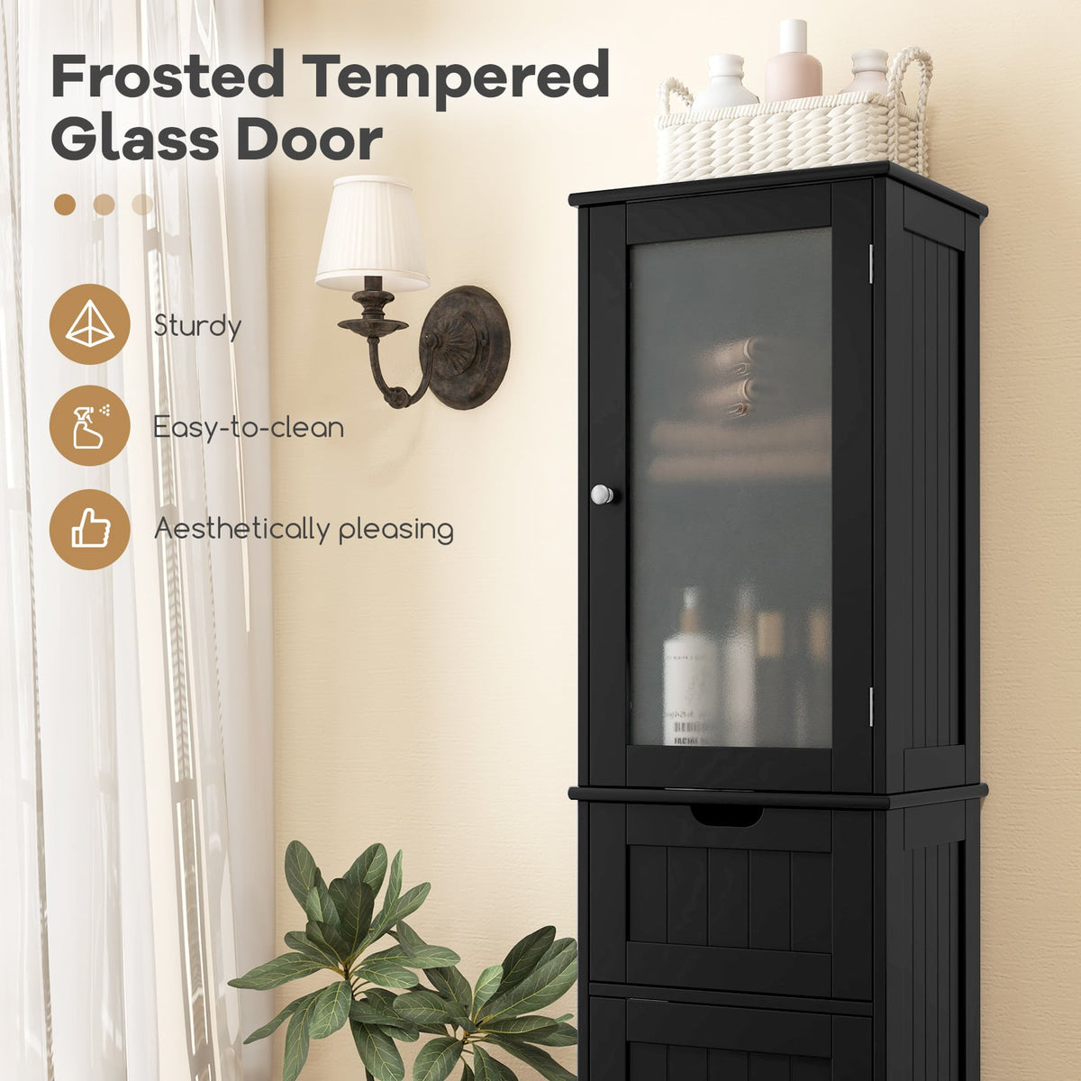 Tall Floor Storage Cabinet - Black 67" Slim Tower with Glass Doors-Floor Cabinets-DECOROLALA