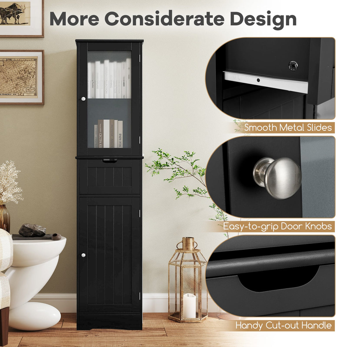 Tall Floor Storage Cabinet - Black 67" Slim Tower with Glass Doors-Floor Cabinets-DECOROLALA