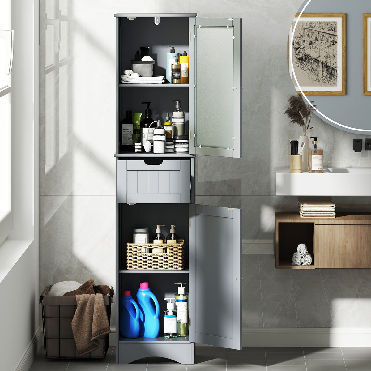 Tall Floor Storage Cabinet - Gray 16" x 12" x 67" Slim Tower-Floor Cabinets-DECOROLALA