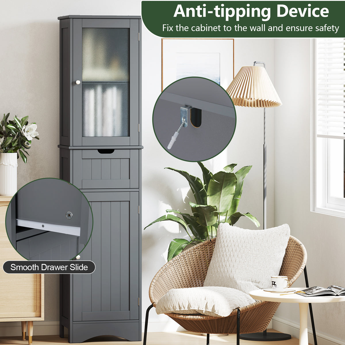 Tall Floor Storage Cabinet - Gray 16" x 12" x 67" Slim Tower-Floor Cabinets-DECOROLALA