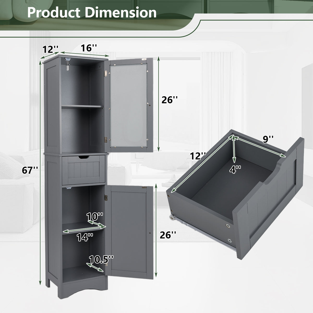 Tall Floor Storage Cabinet - Gray 16" x 12" x 67" Slim Tower-Floor Cabinets-DECOROLALA
