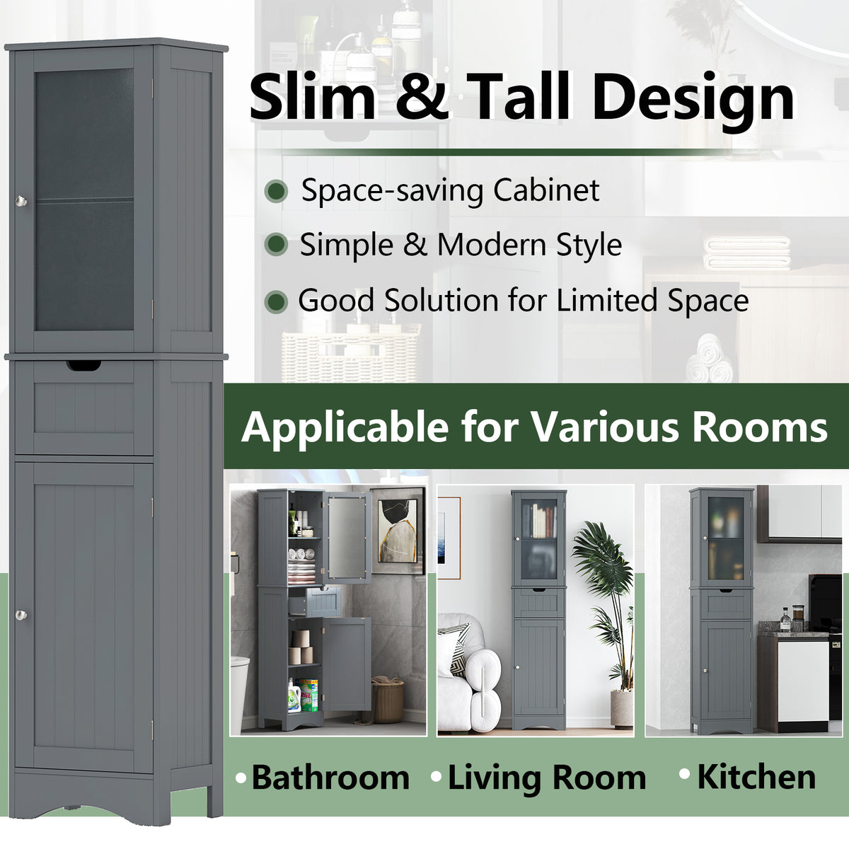 Tall Floor Storage Cabinet - Gray 16" x 12" x 67" Slim Tower-Floor Cabinets-DECOROLALA