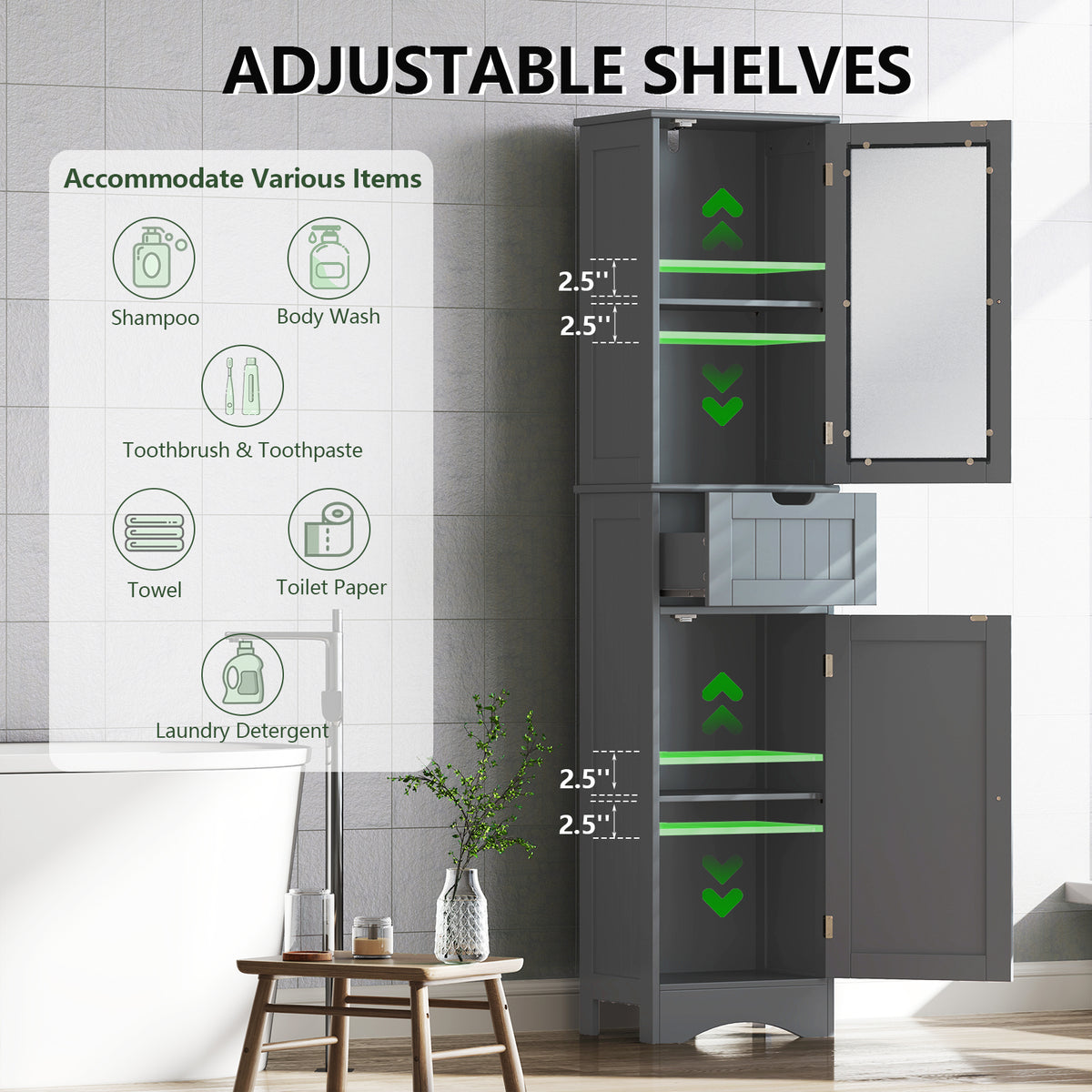Tall Floor Storage Cabinet - Gray 16" x 12" x 67" Slim Tower-Floor Cabinets-DECOROLALA