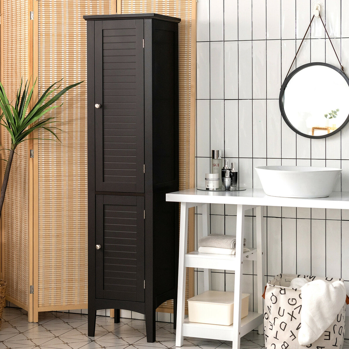 Tall Freestanding Bathroom Storage Cabinet - 63" Brown MDF-Floor Cabinets-DECOROLALA