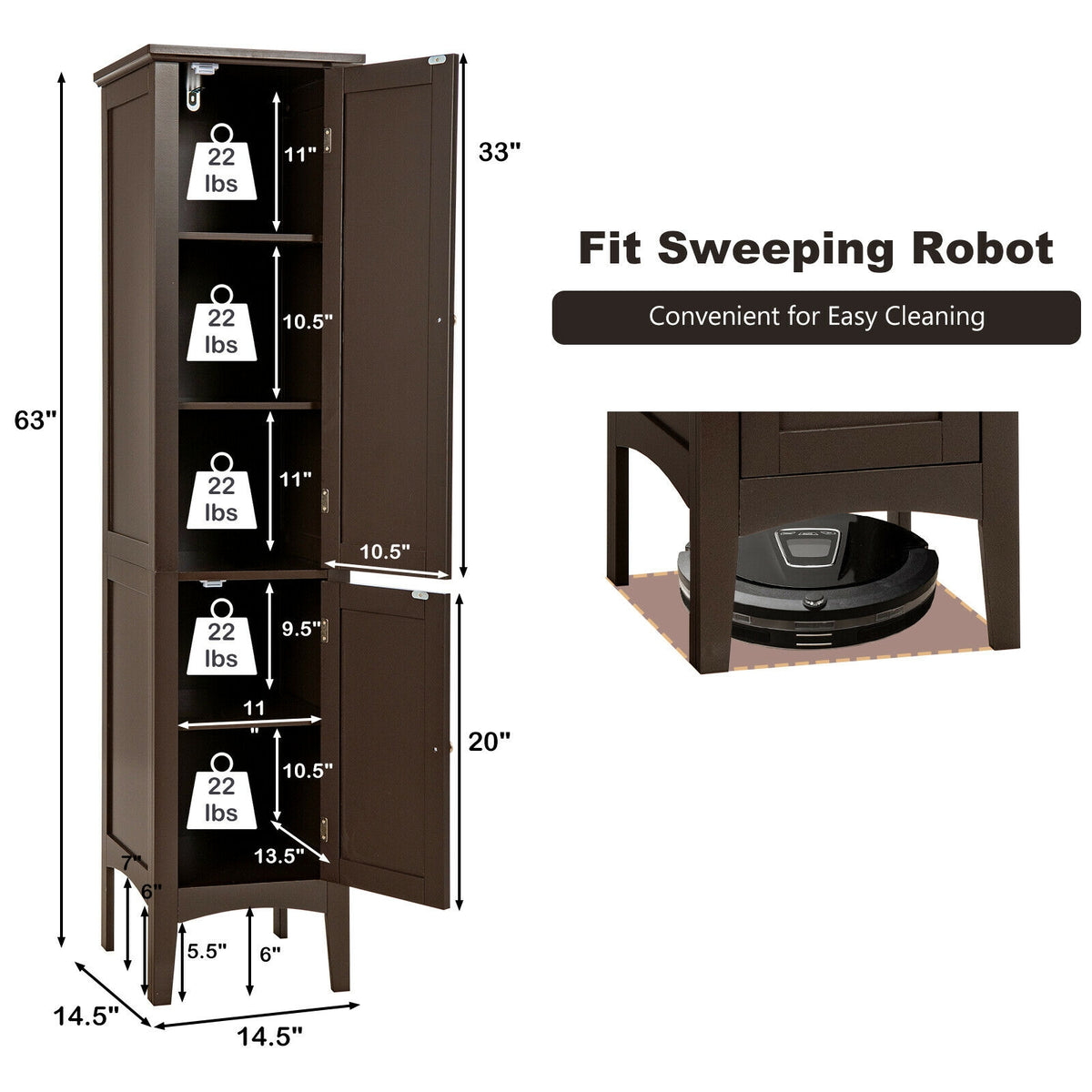 Tall Freestanding Bathroom Storage Cabinet - 63" Brown MDF-Floor Cabinets-DECOROLALA