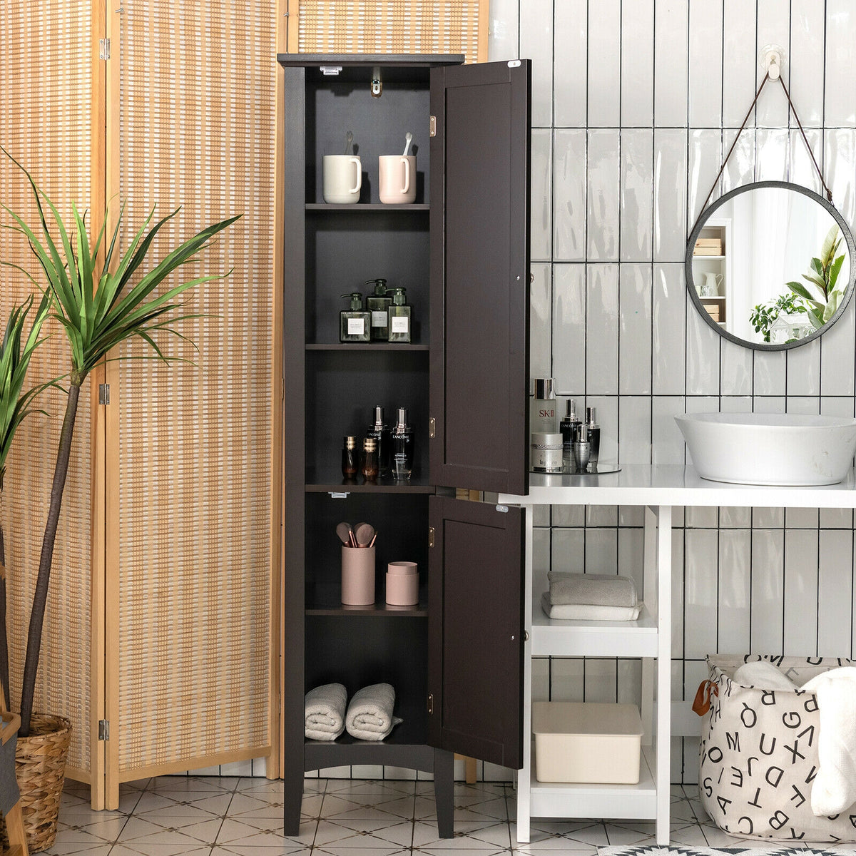 Tall Freestanding Bathroom Storage Cabinet - 63" Brown MDF-Floor Cabinets-DECOROLALA