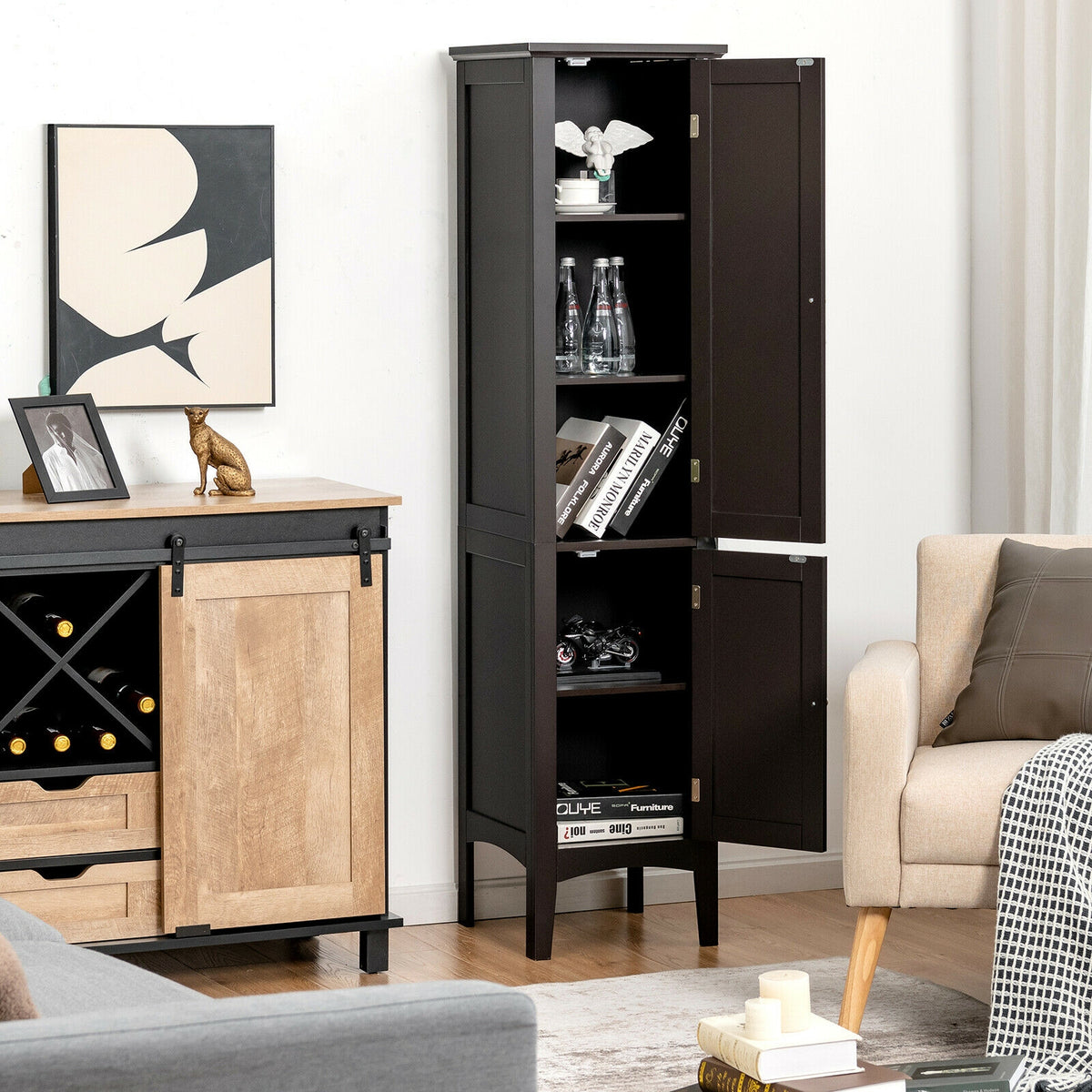 Tall Freestanding Bathroom Storage Cabinet - 63" Brown MDF-Floor Cabinets-DECOROLALA