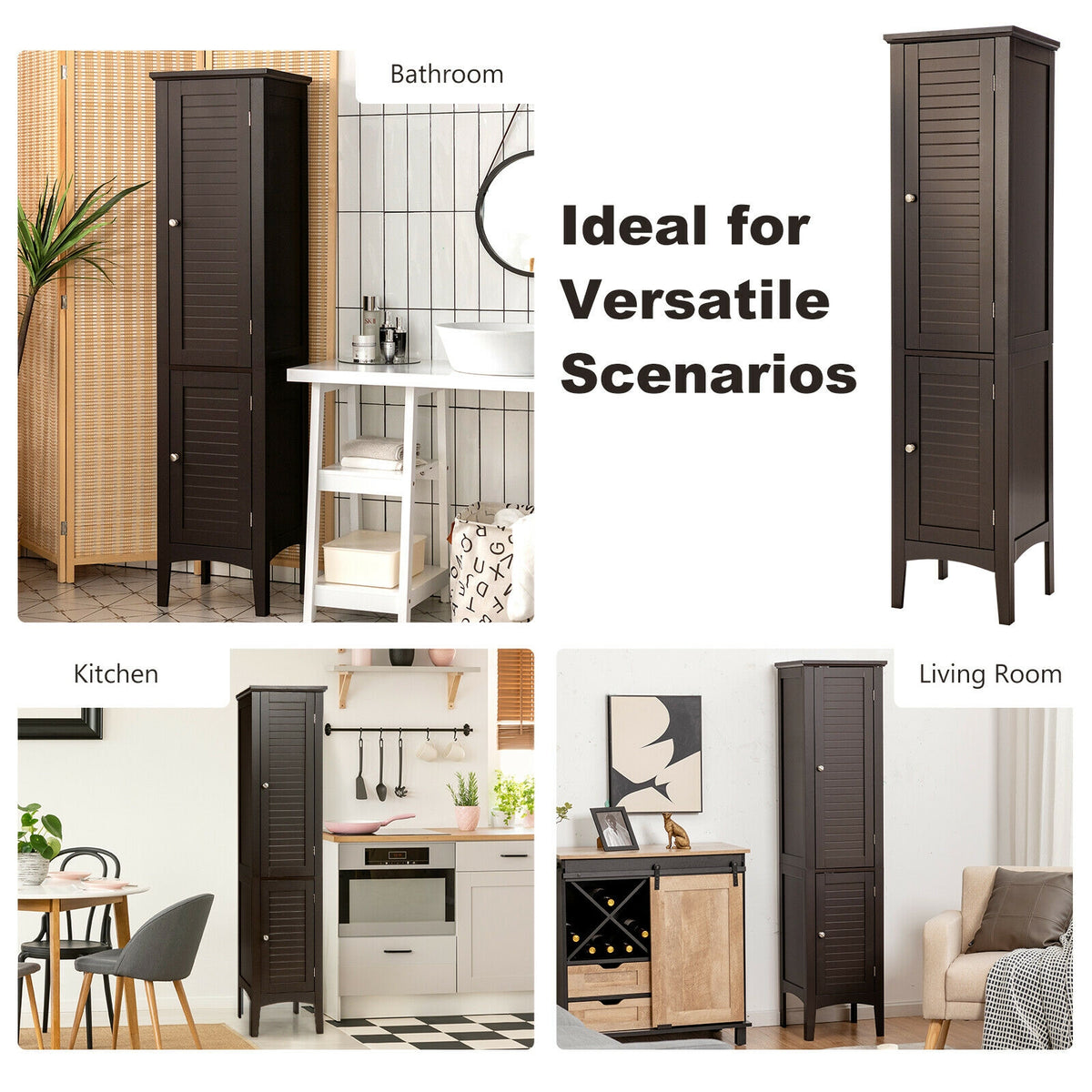 Tall Freestanding Bathroom Storage Cabinet - 63" Brown MDF-Floor Cabinets-DECOROLALA