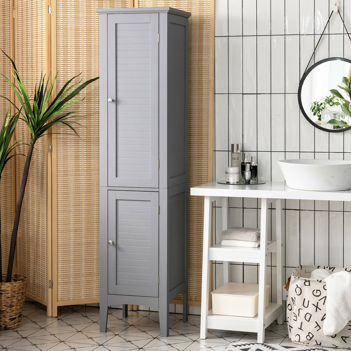 Tall Freestanding Bathroom Storage Cabinet - Gray 63" MDF-Floor Cabinets-DECOROLALA