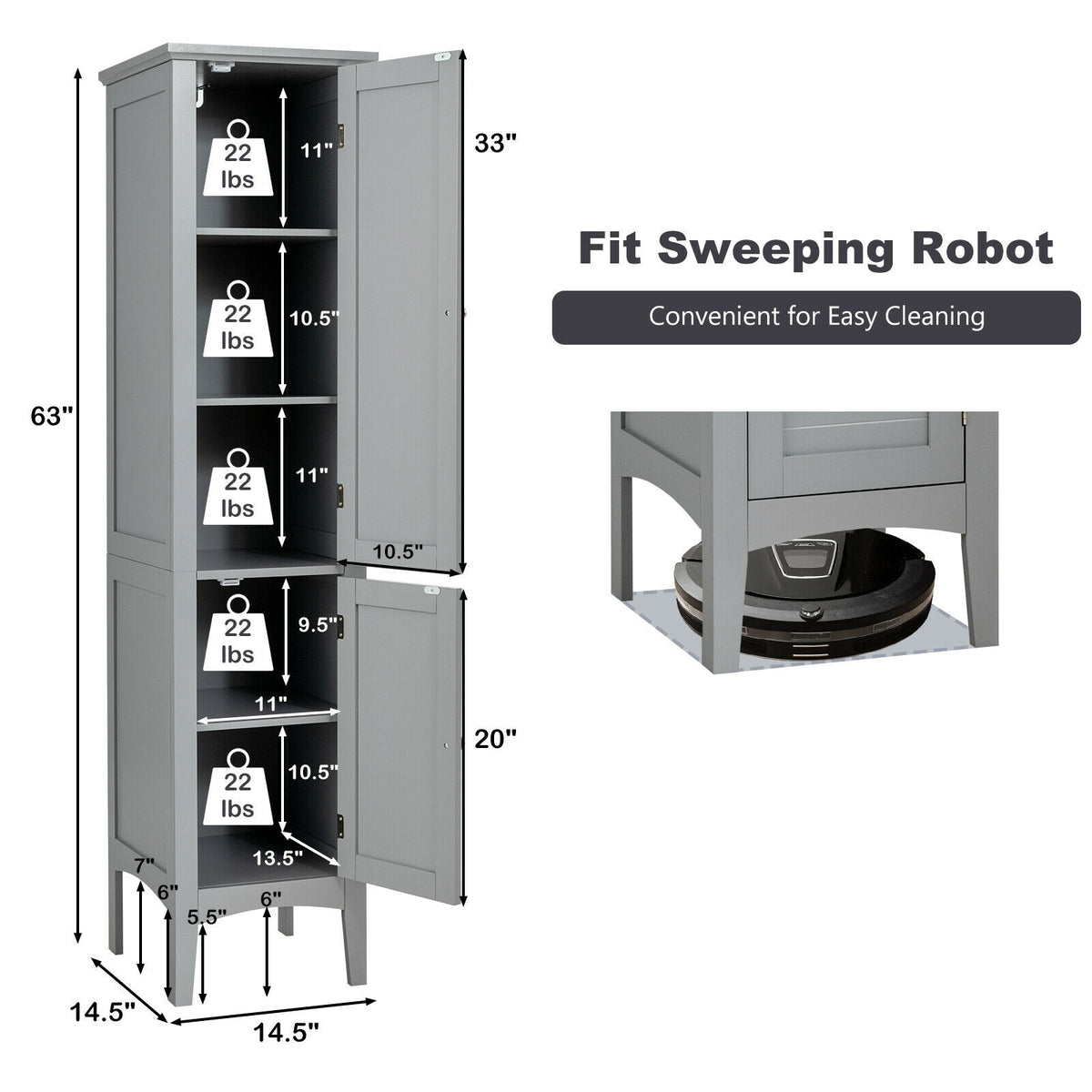 Tall Freestanding Bathroom Storage Cabinet - Gray 63" MDF-Floor Cabinets-DECOROLALA