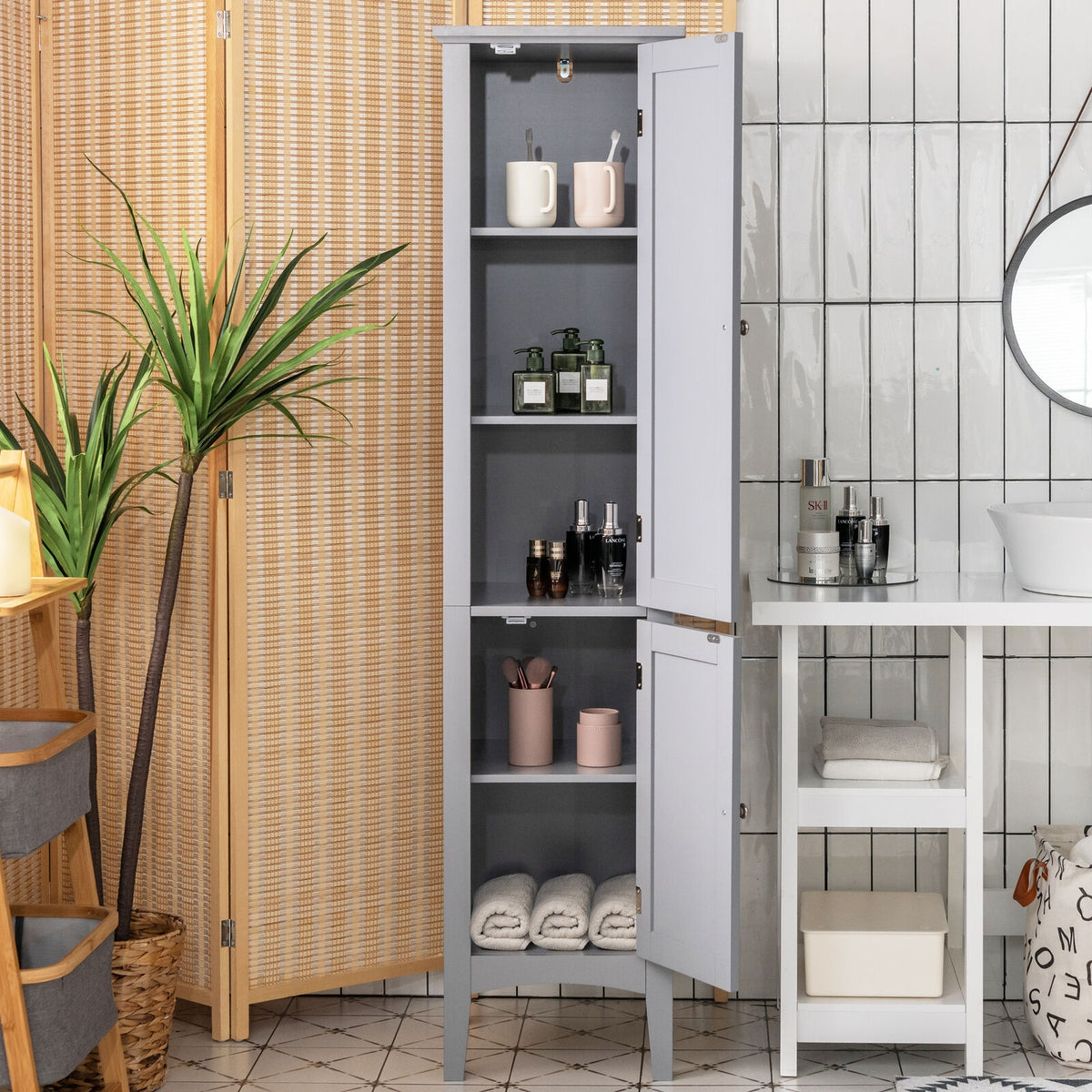 Tall Freestanding Bathroom Storage Cabinet - Gray 63" MDF-Floor Cabinets-DECOROLALA