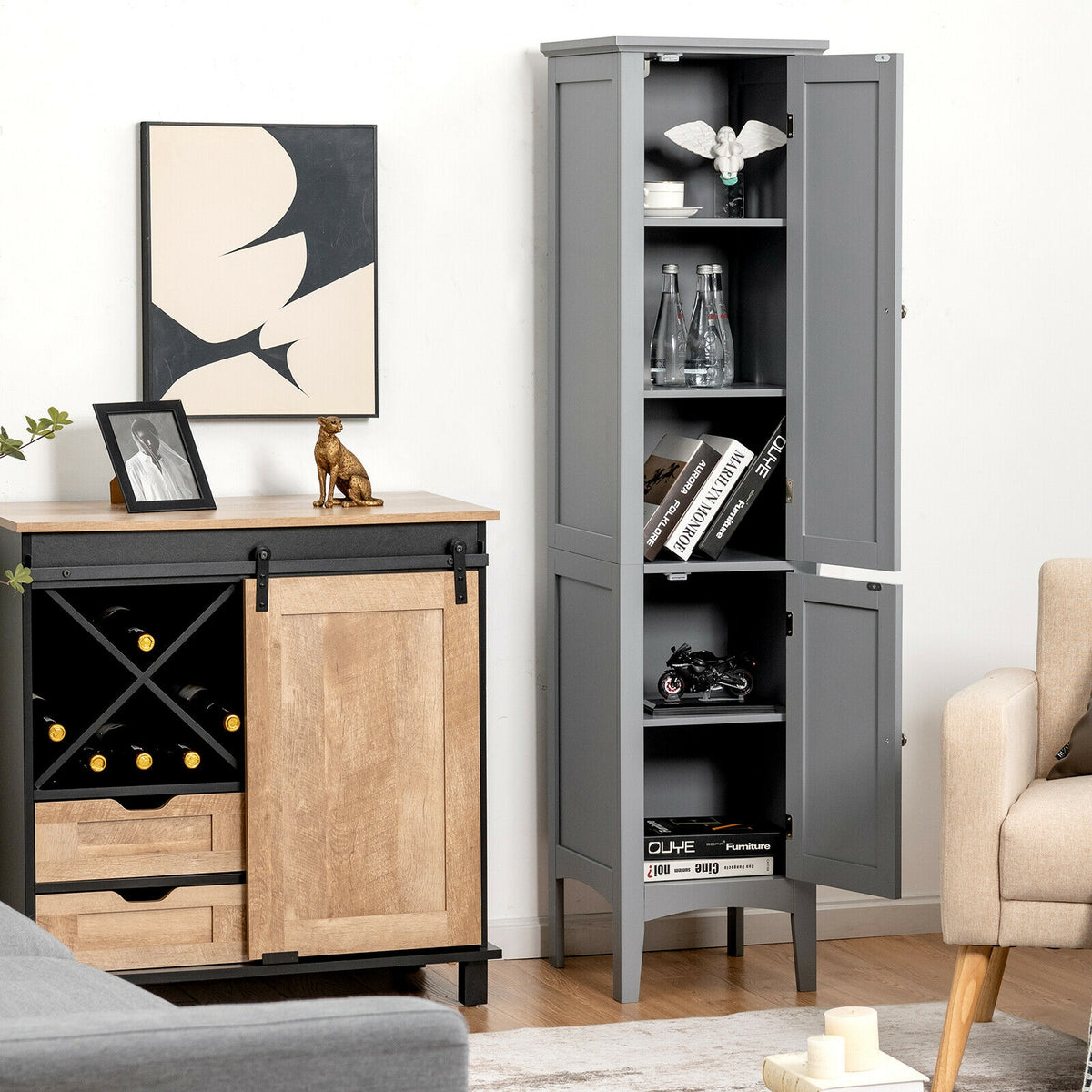 Tall Freestanding Bathroom Storage Cabinet - Gray 63" MDF-Floor Cabinets-DECOROLALA