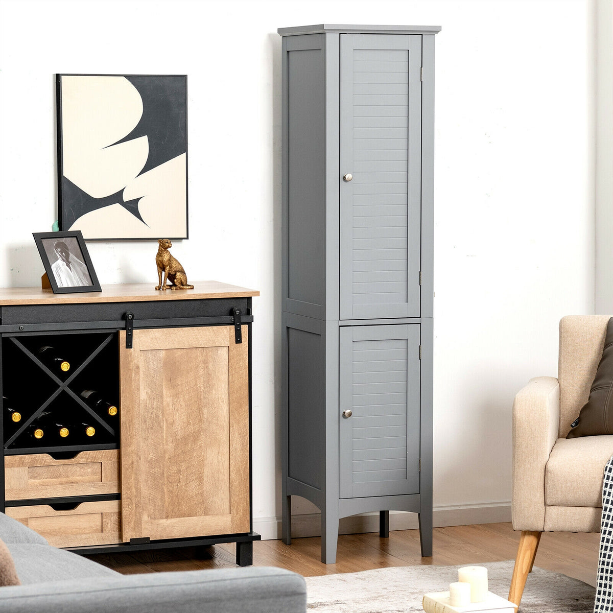 Tall Freestanding Bathroom Storage Cabinet - Gray 63" MDF-Floor Cabinets-DECOROLALA