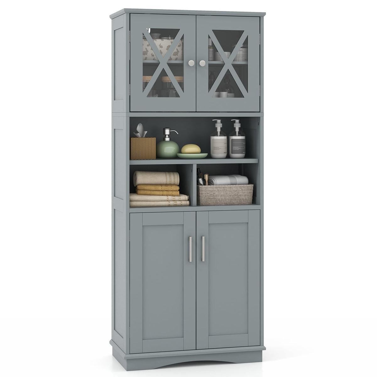 Tall Gray Bathroom Cabinet - 57" Floor Storage with Acrylic Doors-Floor Cabinets-DECOROLALA