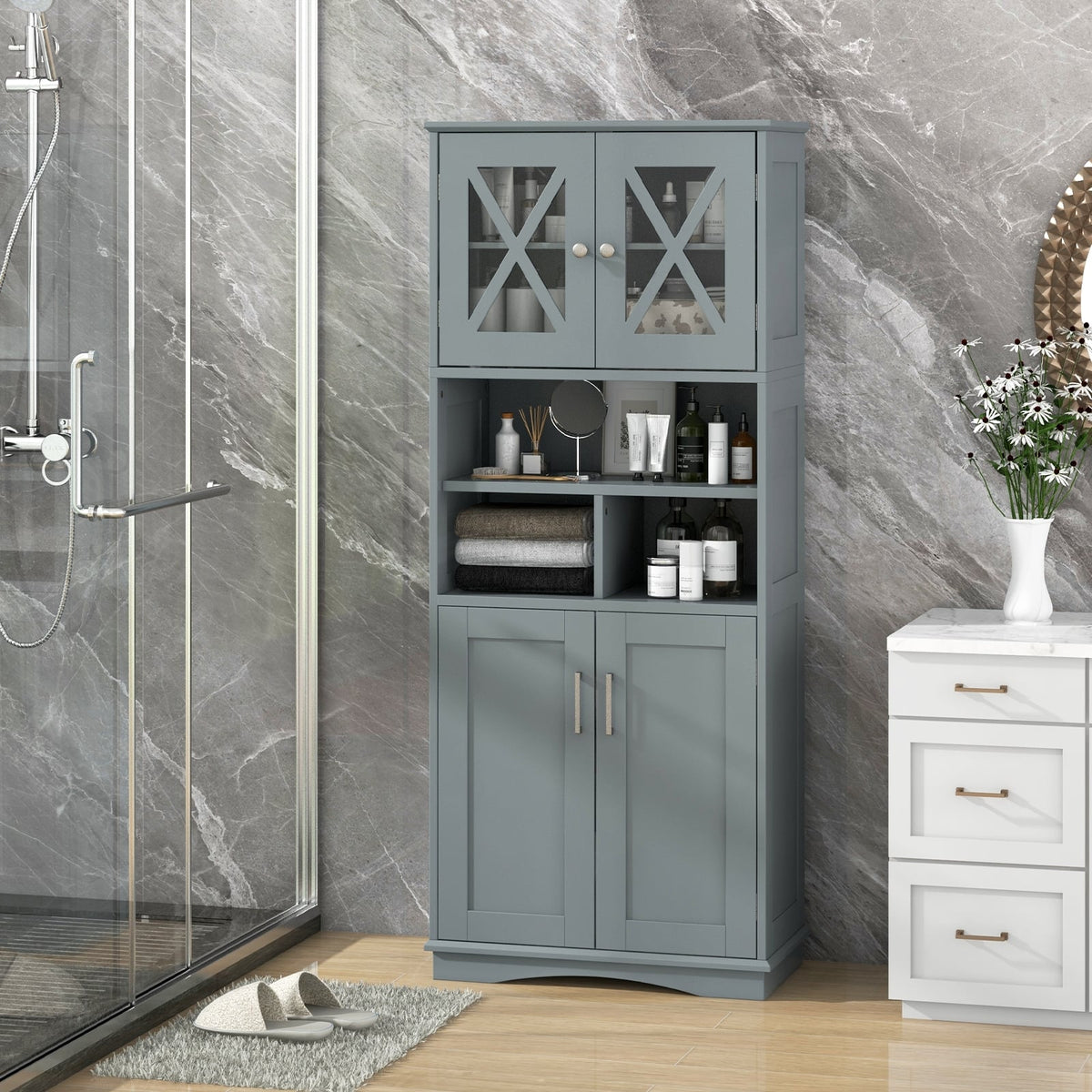 Tall Gray Bathroom Cabinet - 57" Floor Storage with Acrylic Doors-Floor Cabinets-DECOROLALA