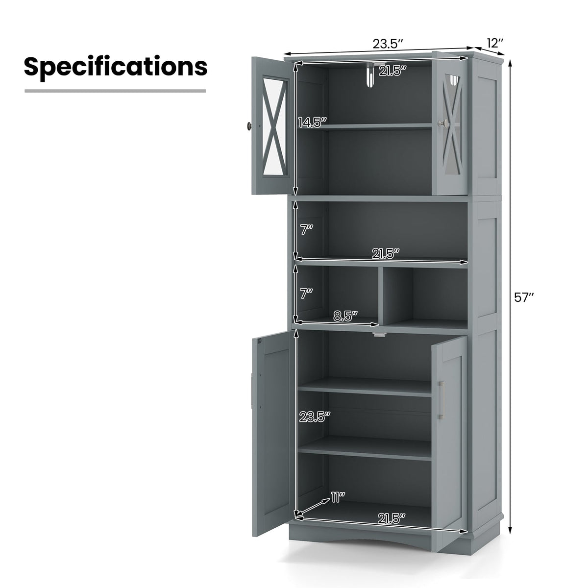 Tall Gray Bathroom Cabinet - 57" Floor Storage with Acrylic Doors-Floor Cabinets-DECOROLALA