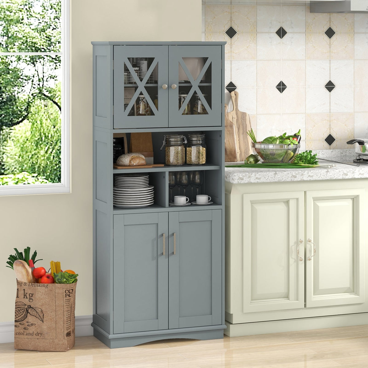 Tall Gray Bathroom Cabinet - 57" Floor Storage with Acrylic Doors-Floor Cabinets-DECOROLALA
