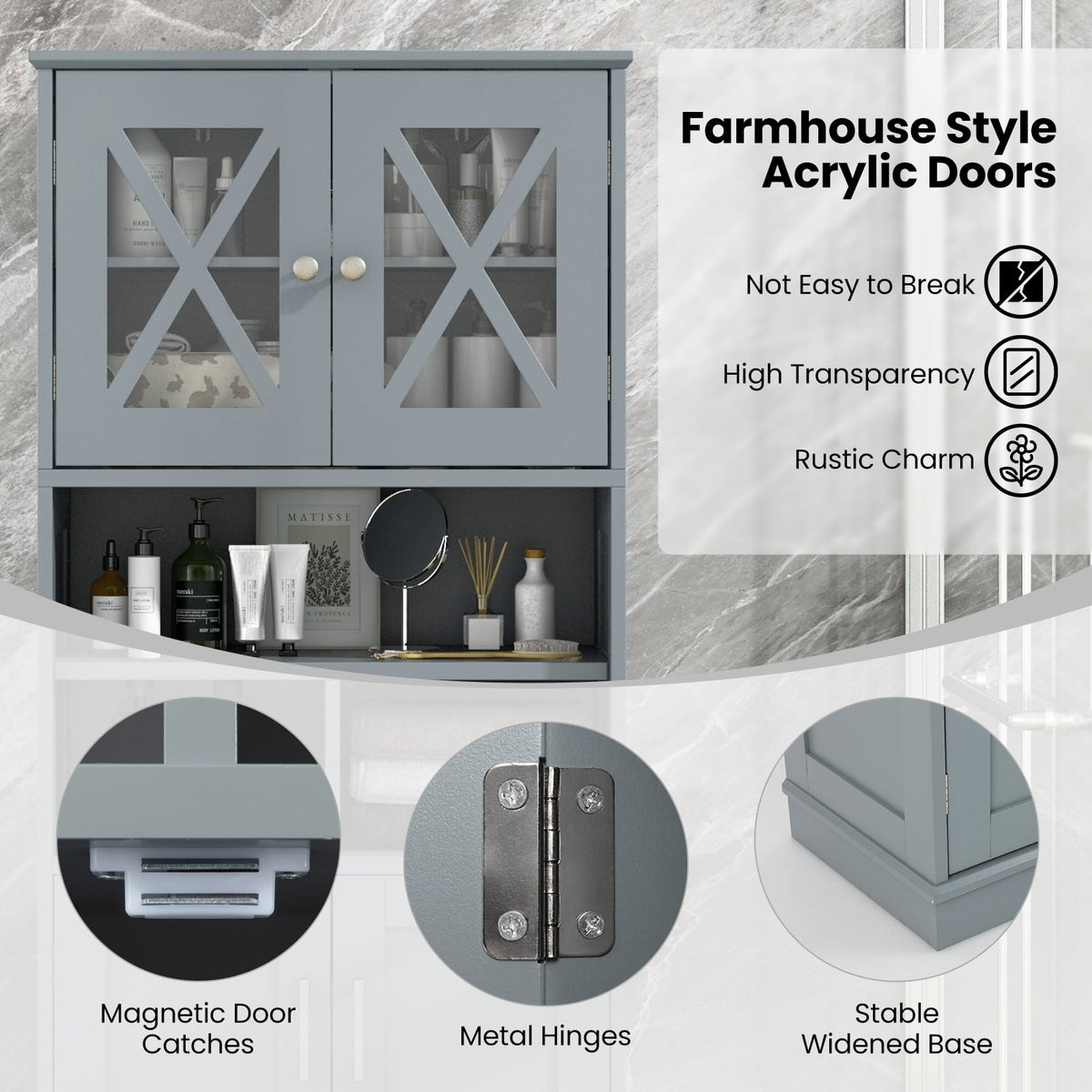Tall Gray Bathroom Cabinet - 57" Floor Storage with Acrylic Doors-Floor Cabinets-DECOROLALA