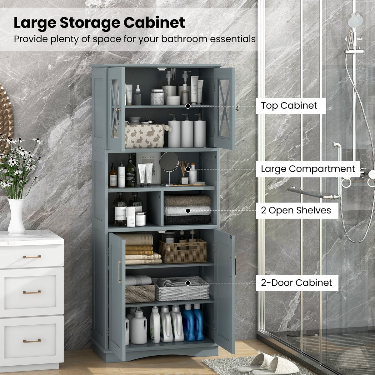 Tall Gray Bathroom Cabinet - 57" Floor Storage with Acrylic Doors-Floor Cabinets-DECOROLALA