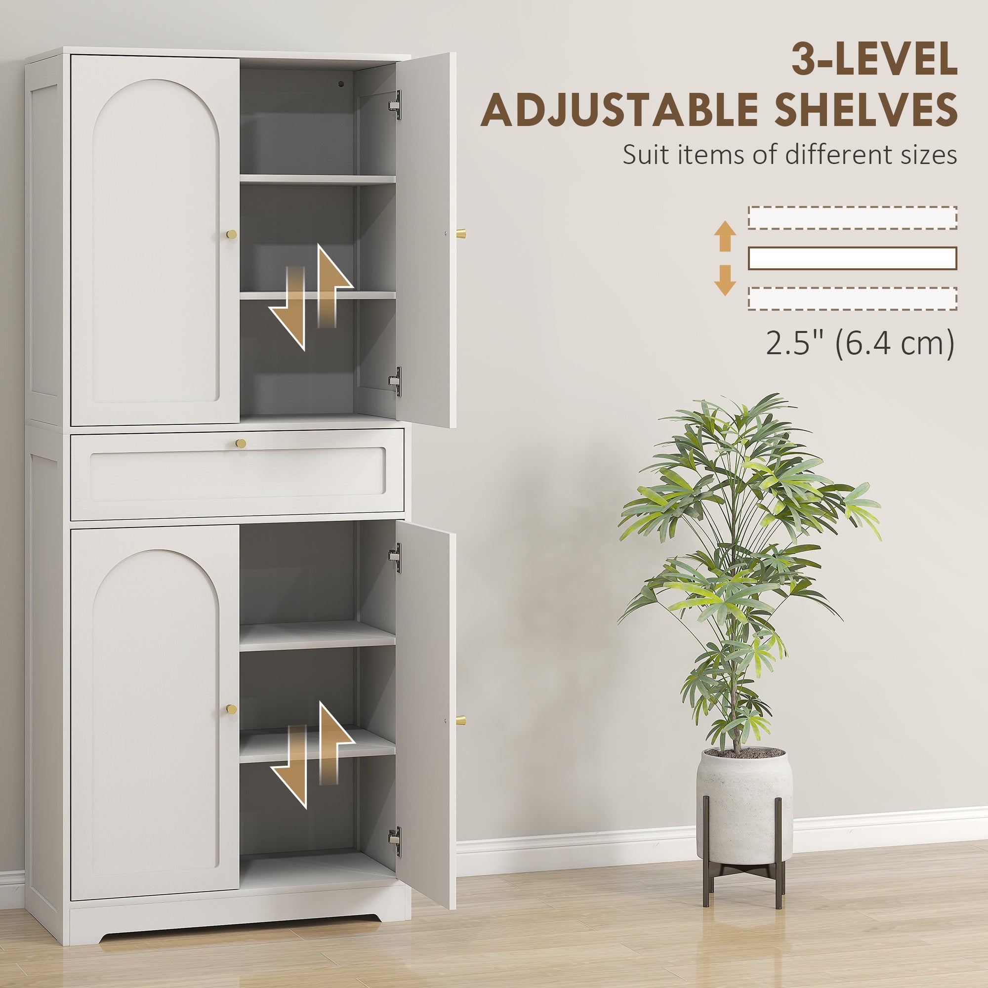 Tall Kitchen Cabinet - 72.4" Modern Freestanding, White, Shaker Doors, Adjustable Shelves-DECOROLALA
