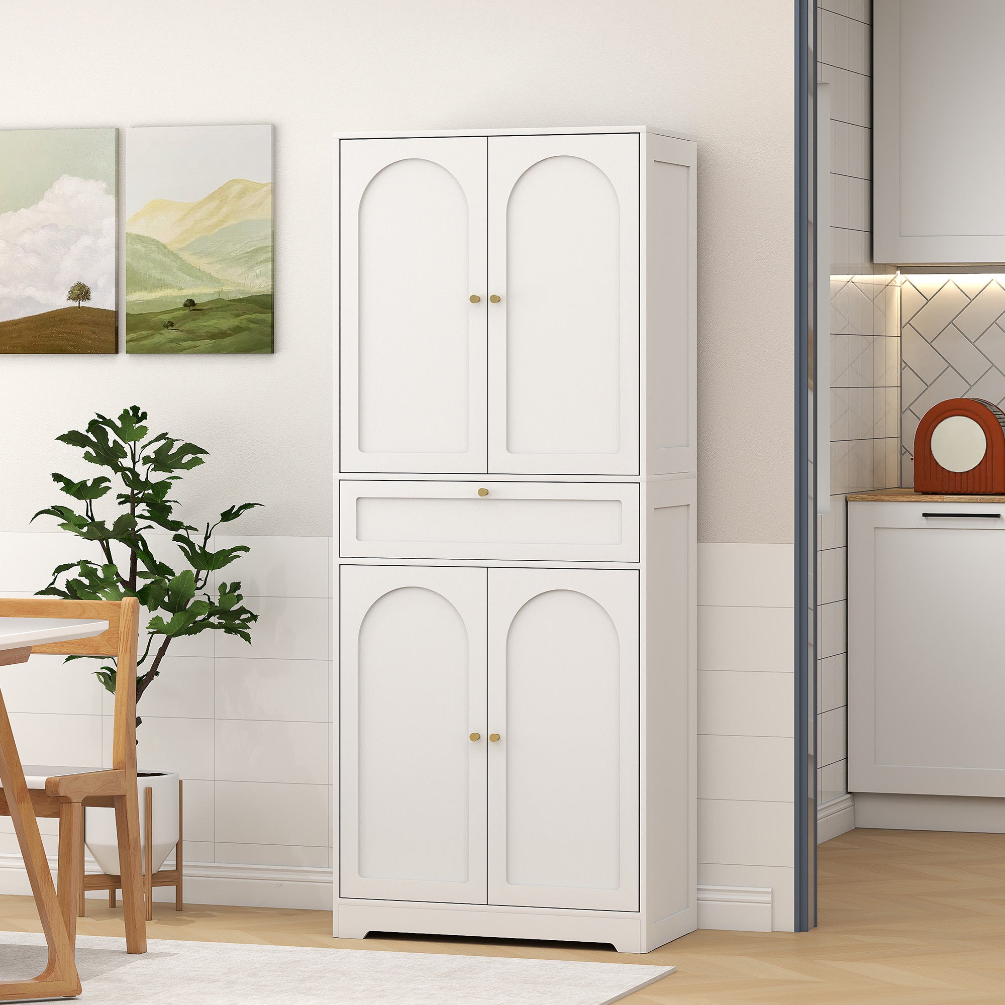Tall Kitchen Cabinet - 72.4" Modern Freestanding, White, Shaker Doors, Adjustable Shelves-DECOROLALA