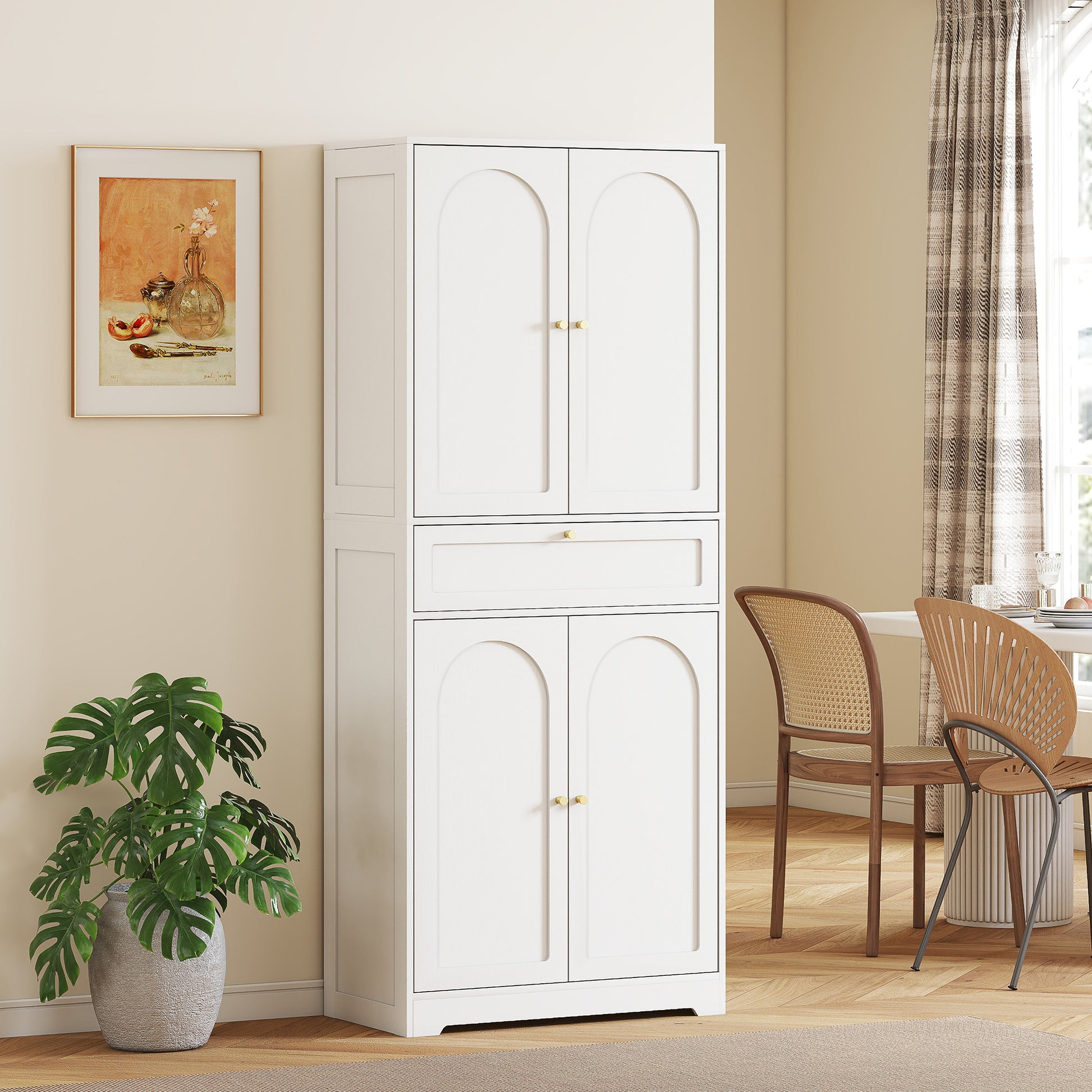 Tall Kitchen Cabinet - 72.4" Modern Freestanding, White, Shaker Doors, Adjustable Shelves-DECOROLALA