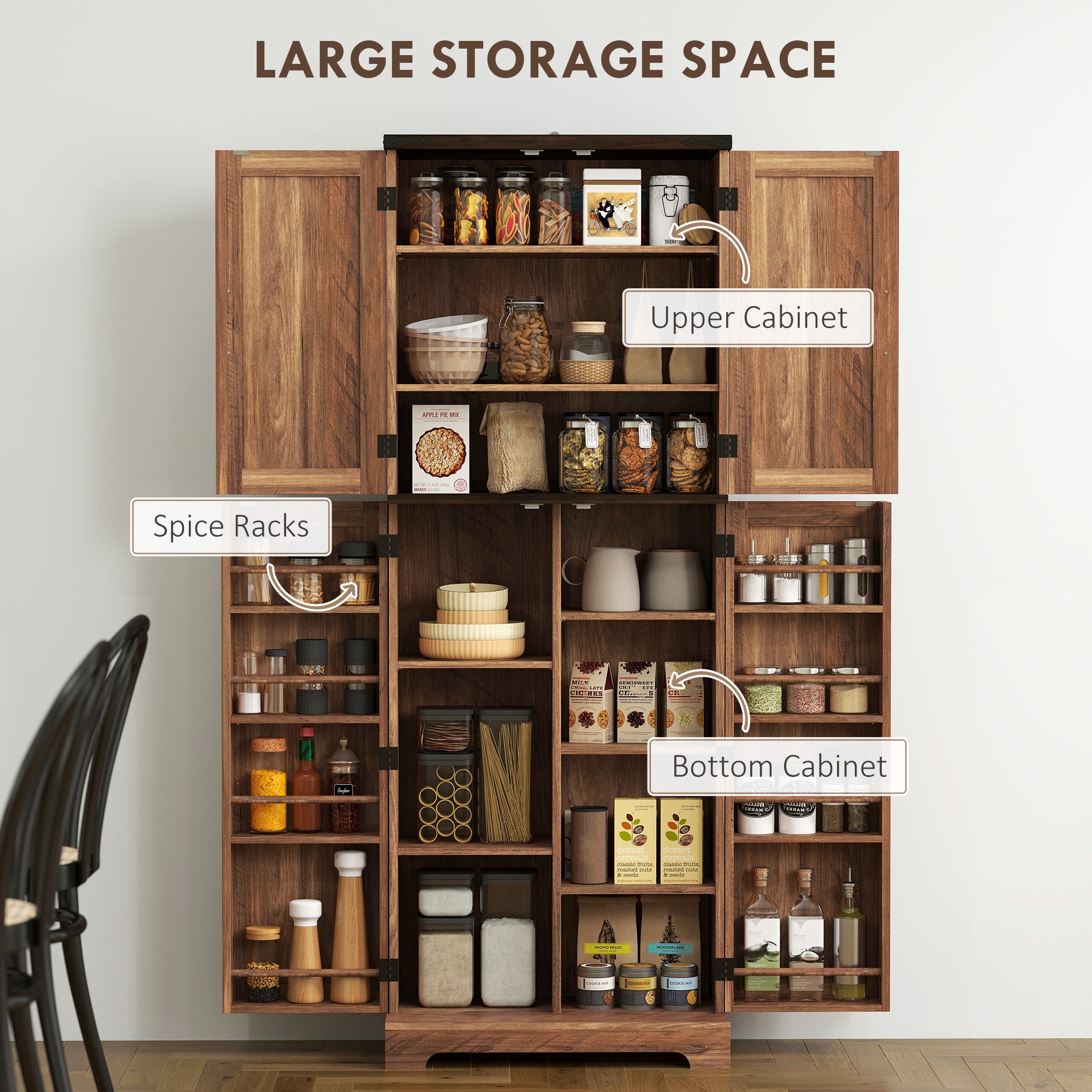 Tall Kitchen Cabinet with Spice Racks, Adjustable Shelves, Brown Wood Grain-DECOROLALA