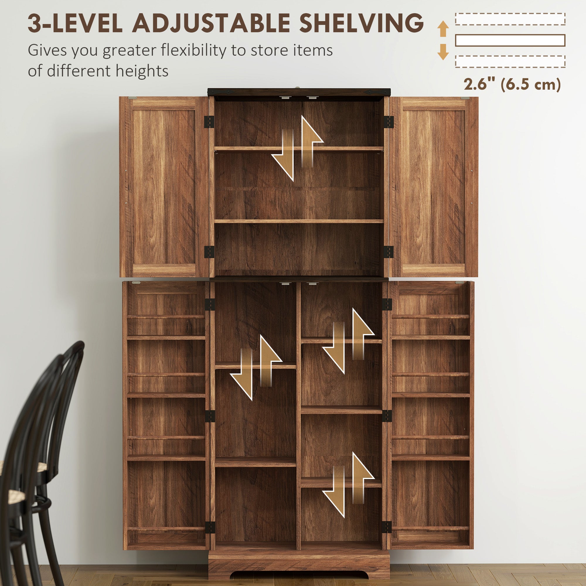 Tall Kitchen Cabinet with Spice Racks, Adjustable Shelves, Brown Wood Grain-DECOROLALA