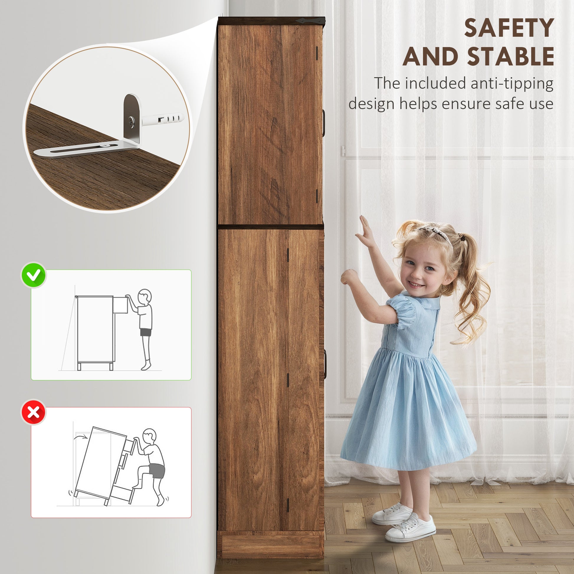 Tall Kitchen Cabinet with Spice Racks, Adjustable Shelves, Brown Wood Grain-DECOROLALA