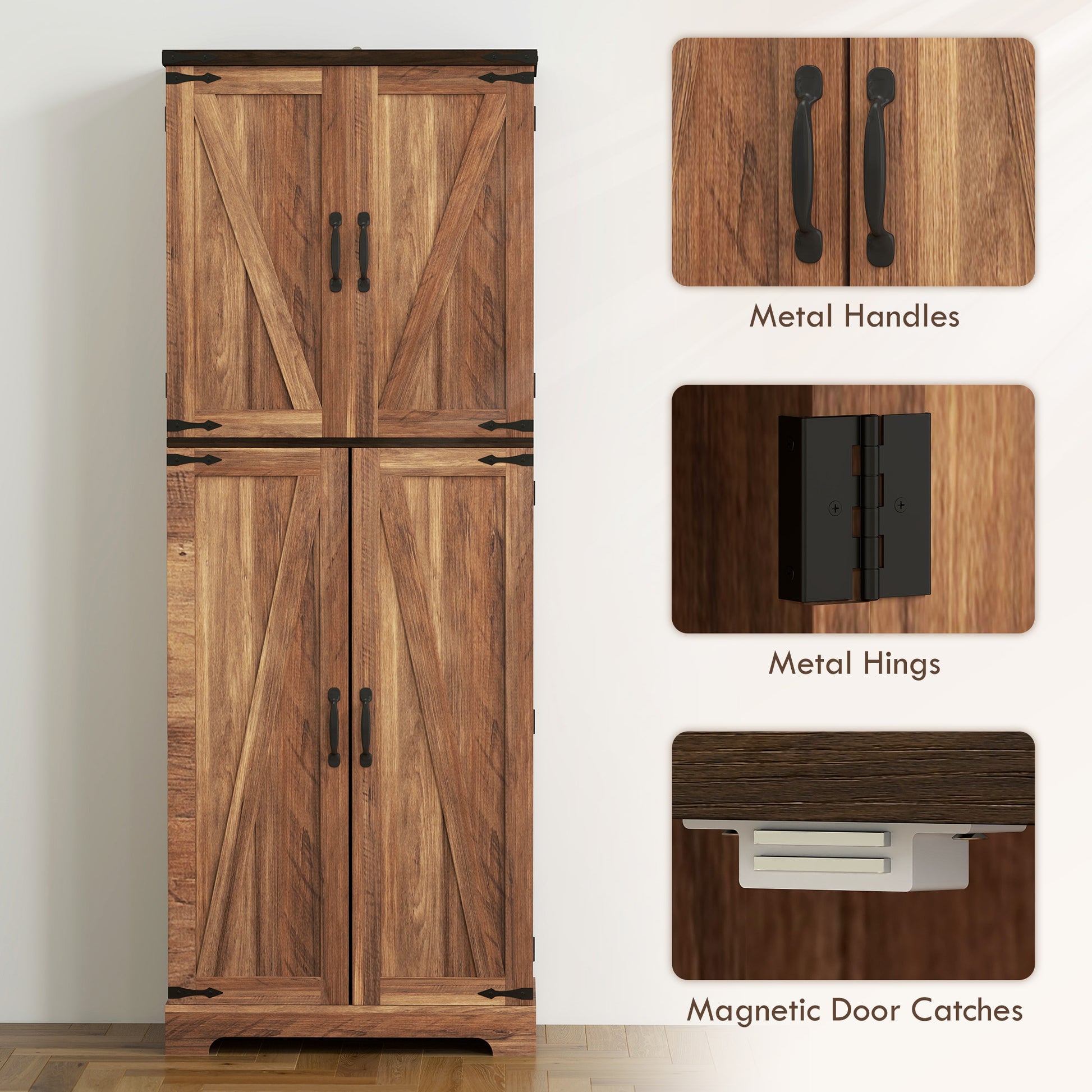 Tall Kitchen Cabinet with Spice Racks, Adjustable Shelves, Brown Wood Grain-DECOROLALA
