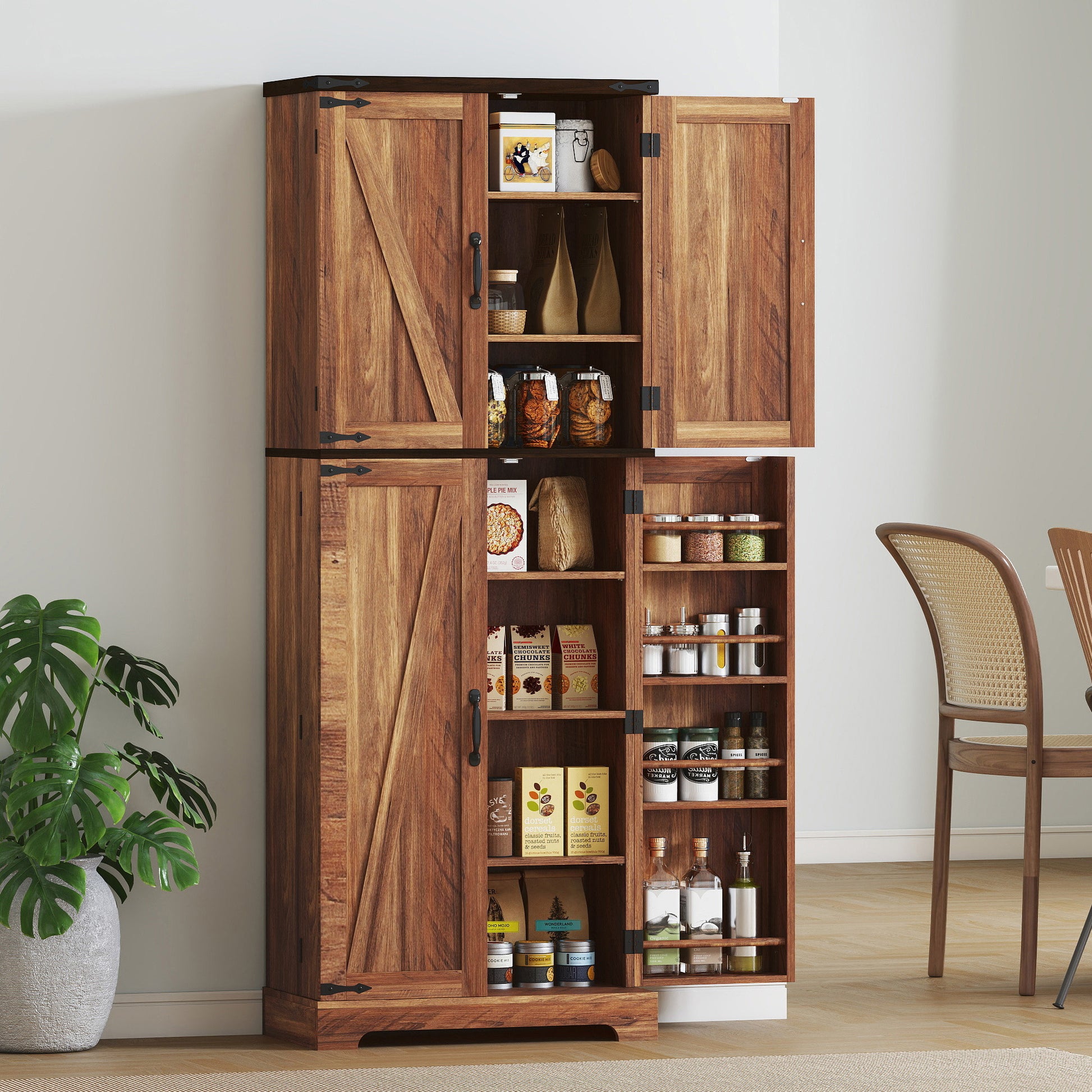 Tall Kitchen Cabinet with Spice Racks, Adjustable Shelves, Brown Wood Grain-DECOROLALA