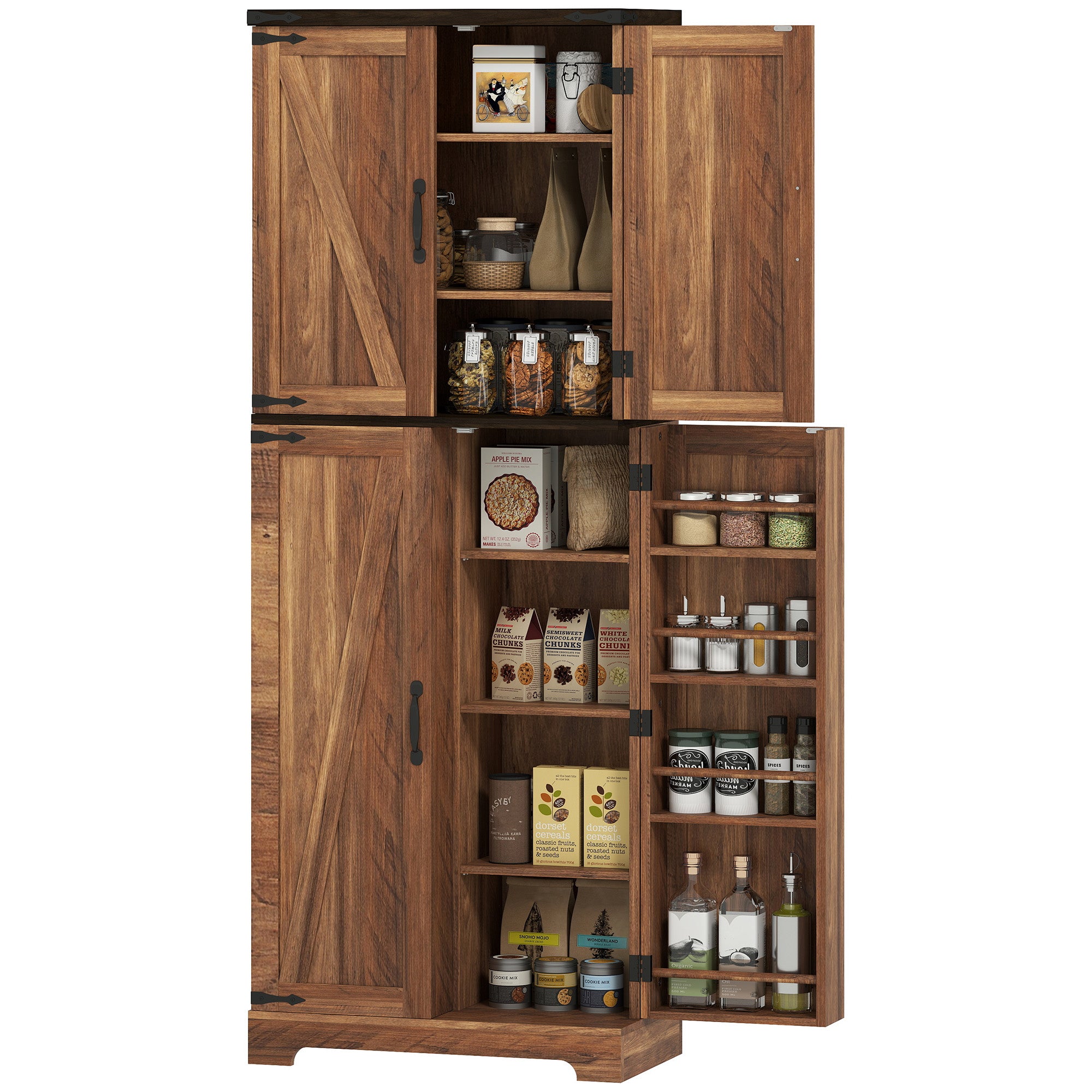 Tall Kitchen Cabinet with Spice Racks, Adjustable Shelves, Brown Wood Grain-DECOROLALA