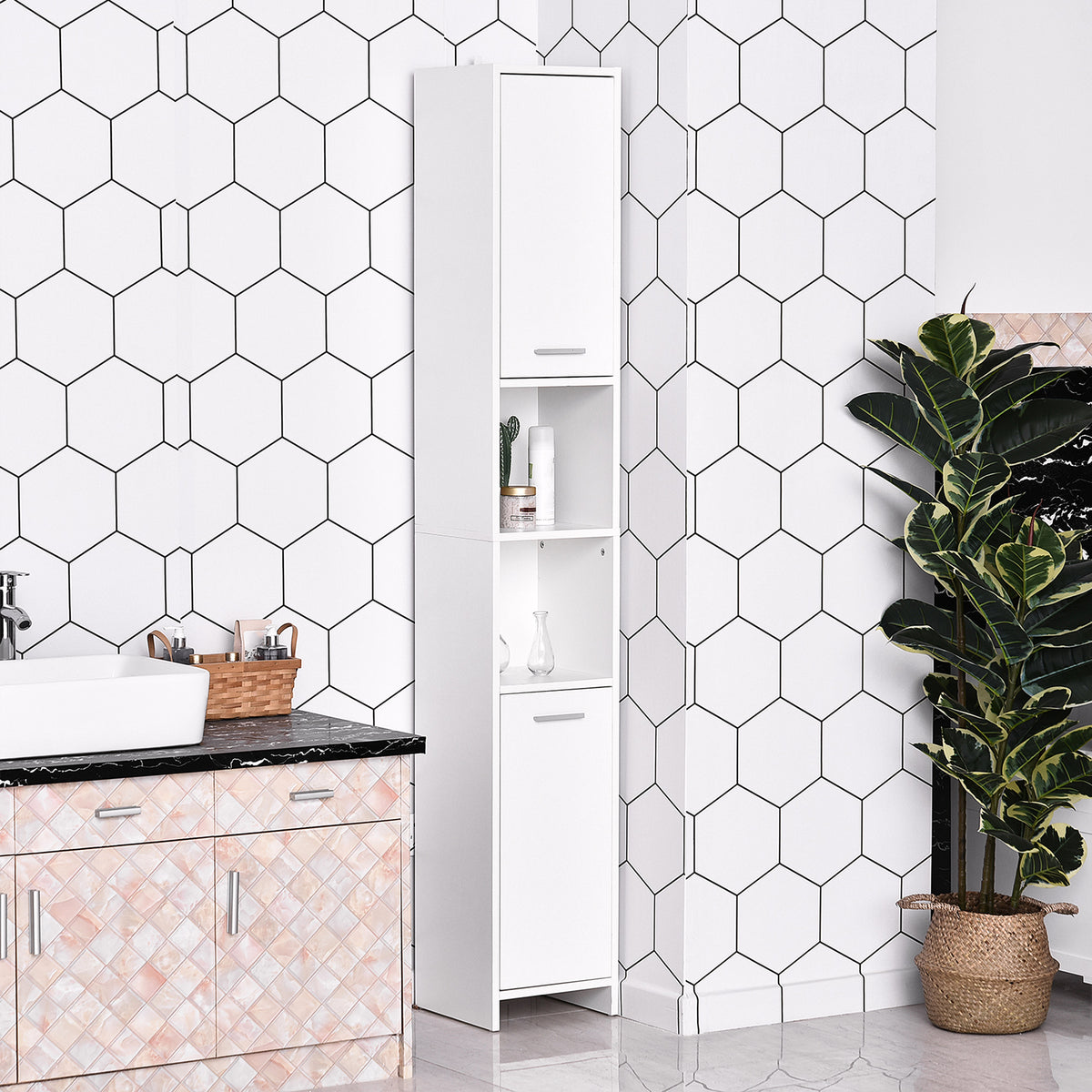 Tall Narrow Bathroom Cabinet - White Linen Tower 75" H-Home Furnishings > Bedding & Bath > Bathroom Cabinets > Freestanding Bathroom Cabinets-DECOROLALA