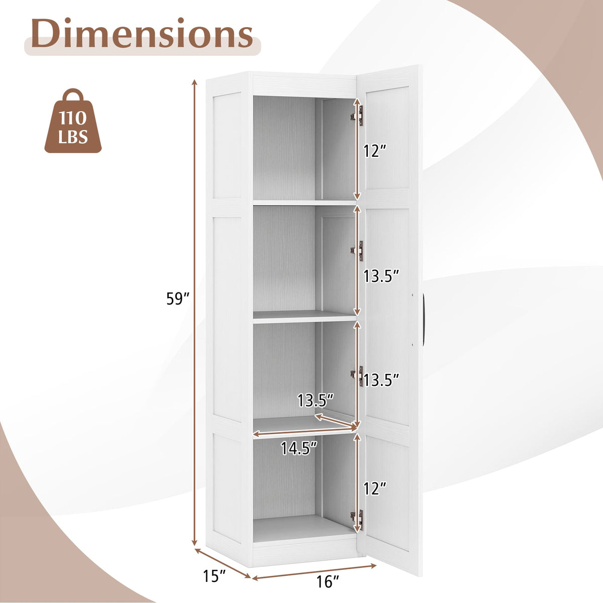 Tall Narrow Storage Cabinet with 4 Shelves - White 59" H-Floor Cabinets-DECOROLALA