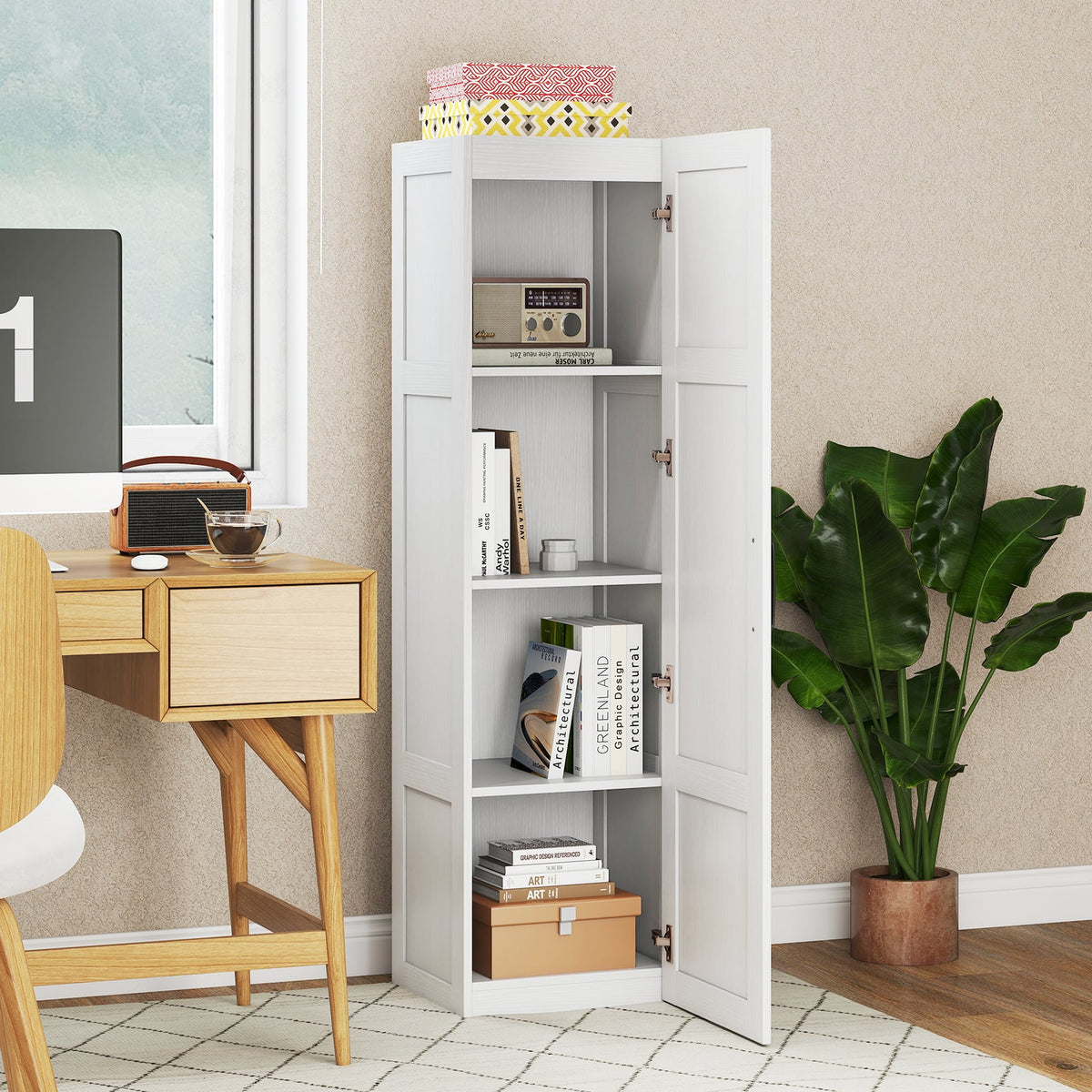 Tall Narrow Storage Cabinet with 4 Shelves - White 59" H-Floor Cabinets-DECOROLALA