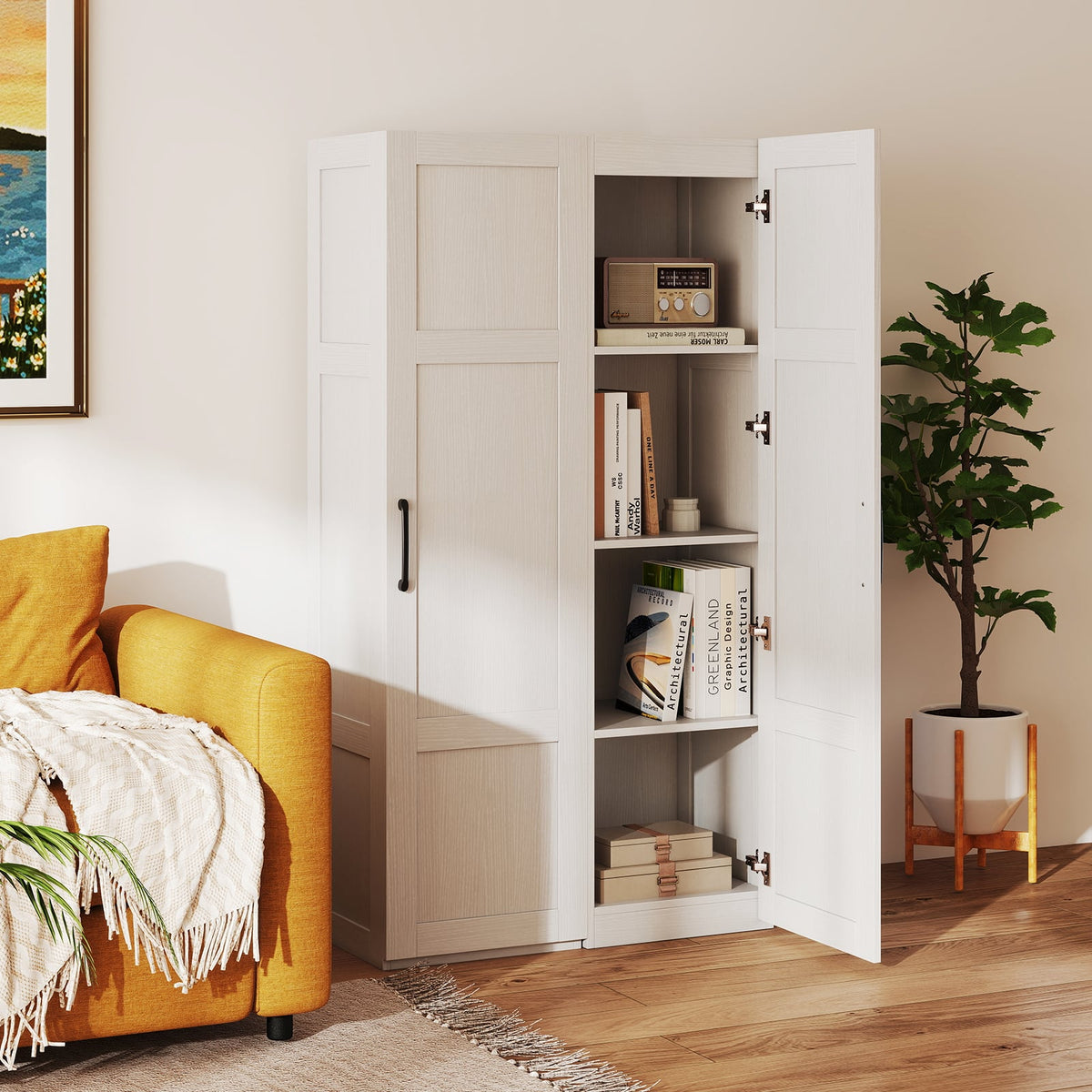 Tall Narrow Storage Cabinet with 4 Shelves - White 59" H-Floor Cabinets-DECOROLALA
