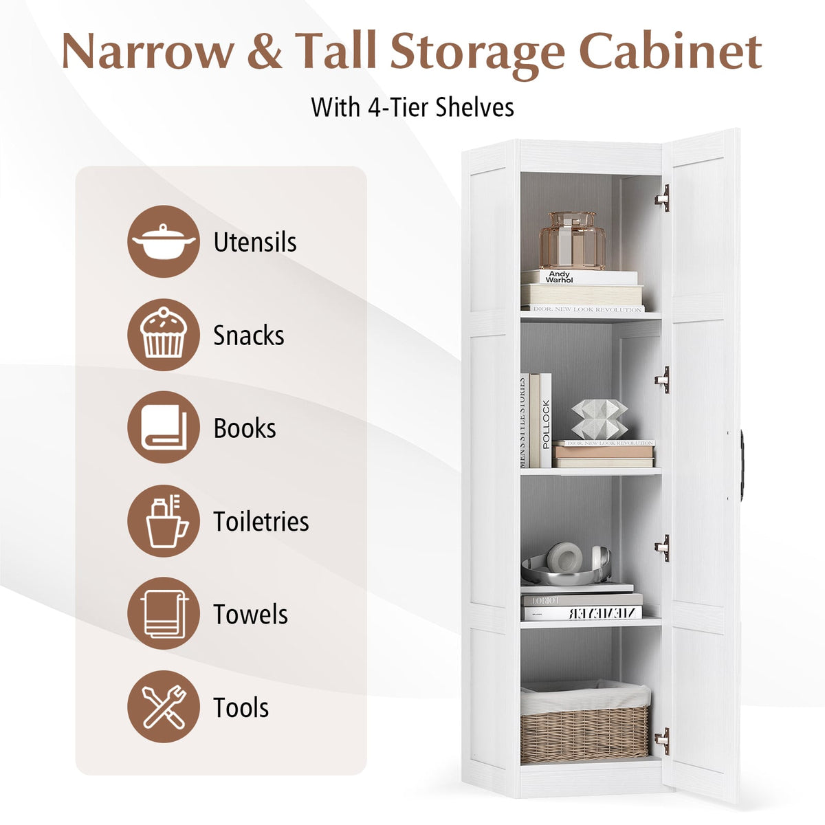 Tall Narrow Storage Cabinet with 4 Shelves - White 59" H-Floor Cabinets-DECOROLALA