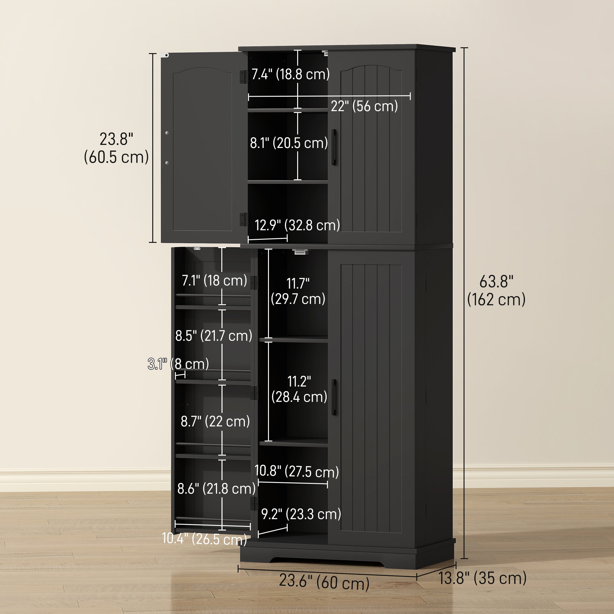 Tall Pantry Cabinet - 64" Black Storage with Shelves & Spice Racks-DECOROLALA