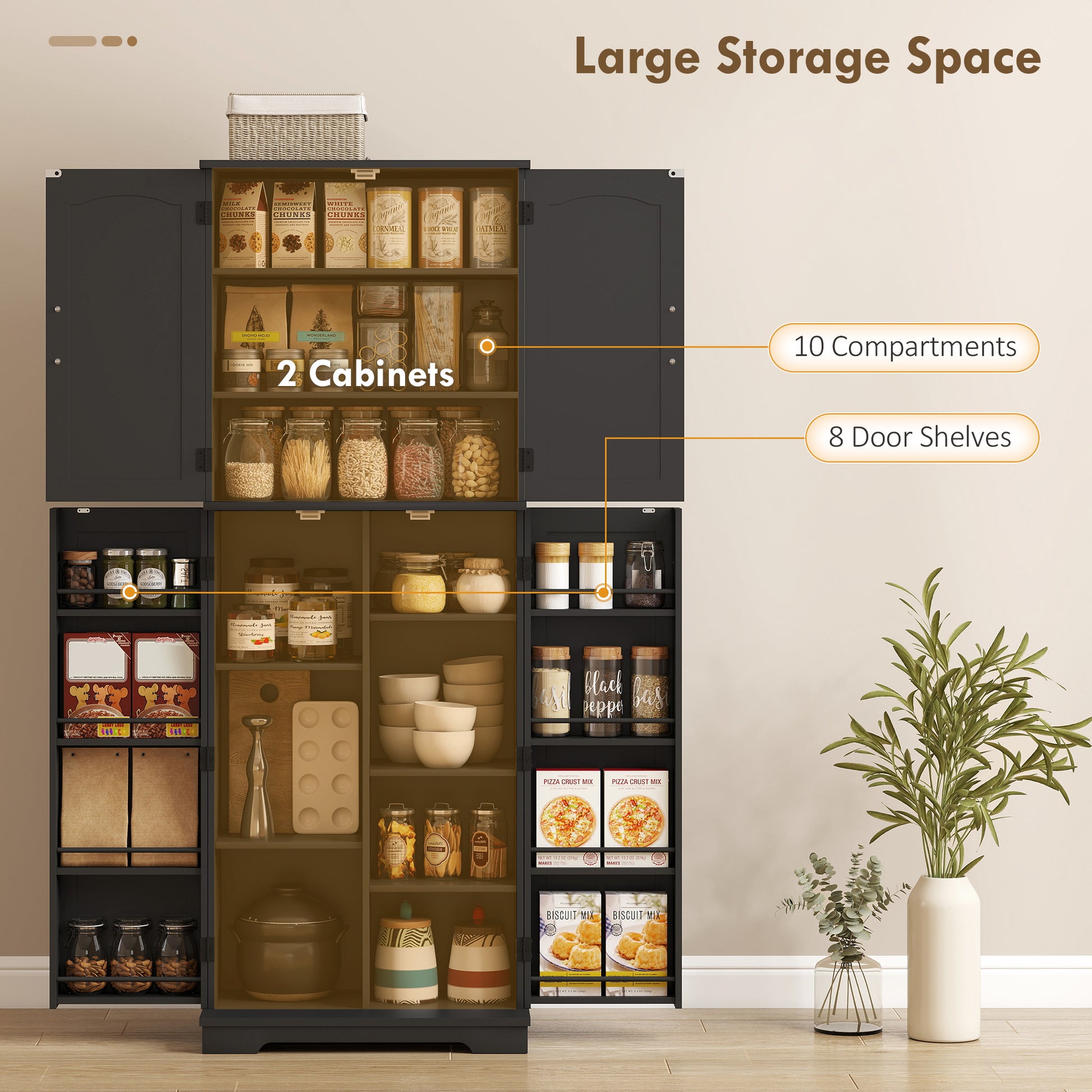 Tall Pantry Cabinet - 64" Black Storage with Shelves & Spice Racks-DECOROLALA