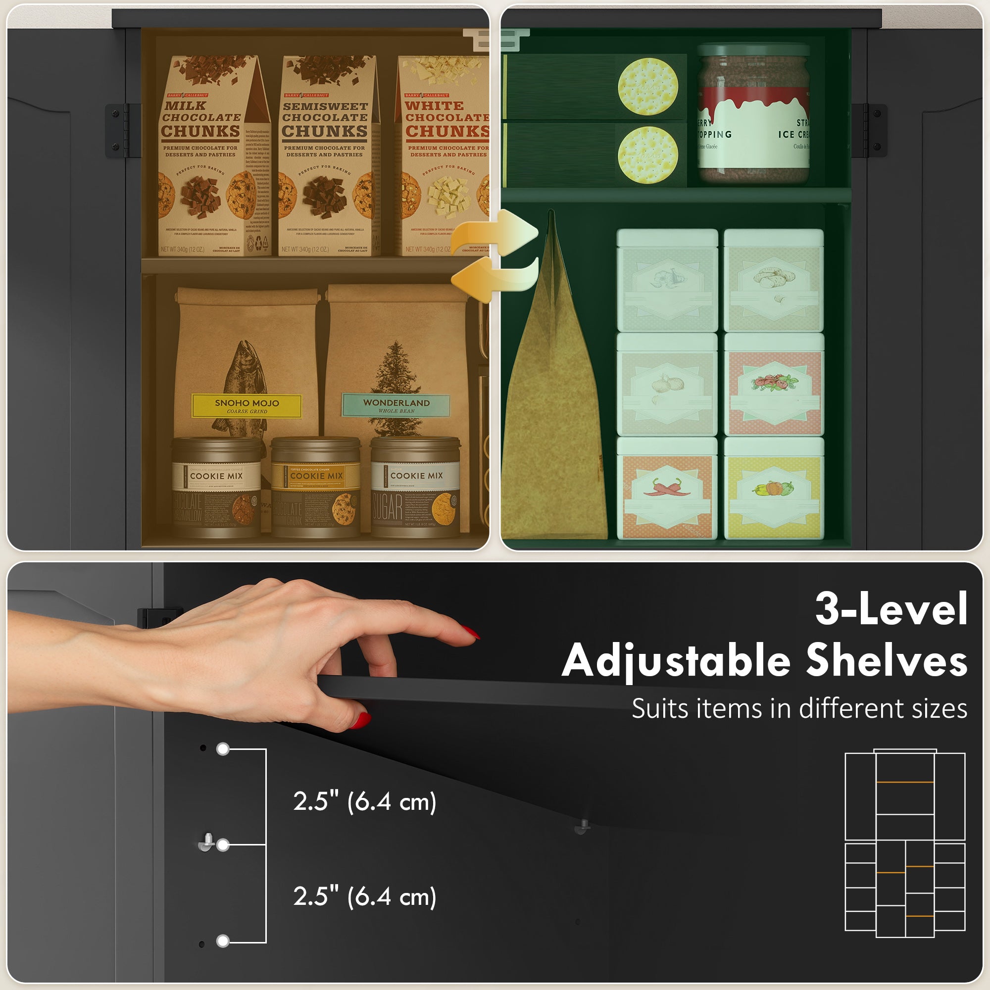 Tall Pantry Cabinet - 64" Black Storage with Shelves & Spice Racks-DECOROLALA
