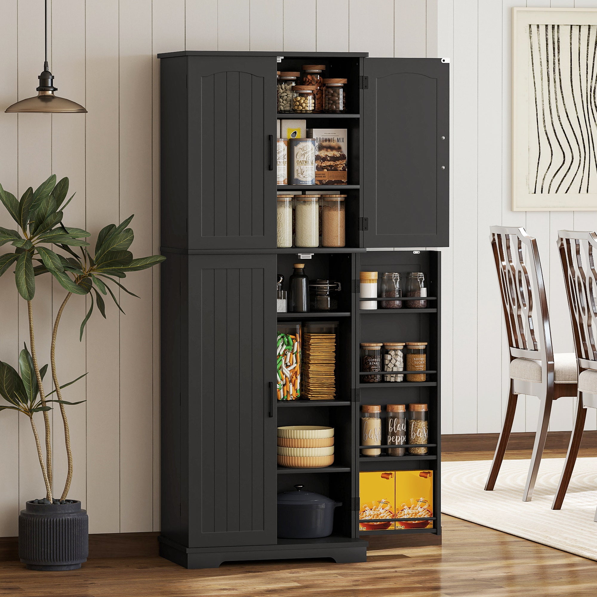 Tall Pantry Cabinet - 64" Black Storage with Shelves & Spice Racks-DECOROLALA