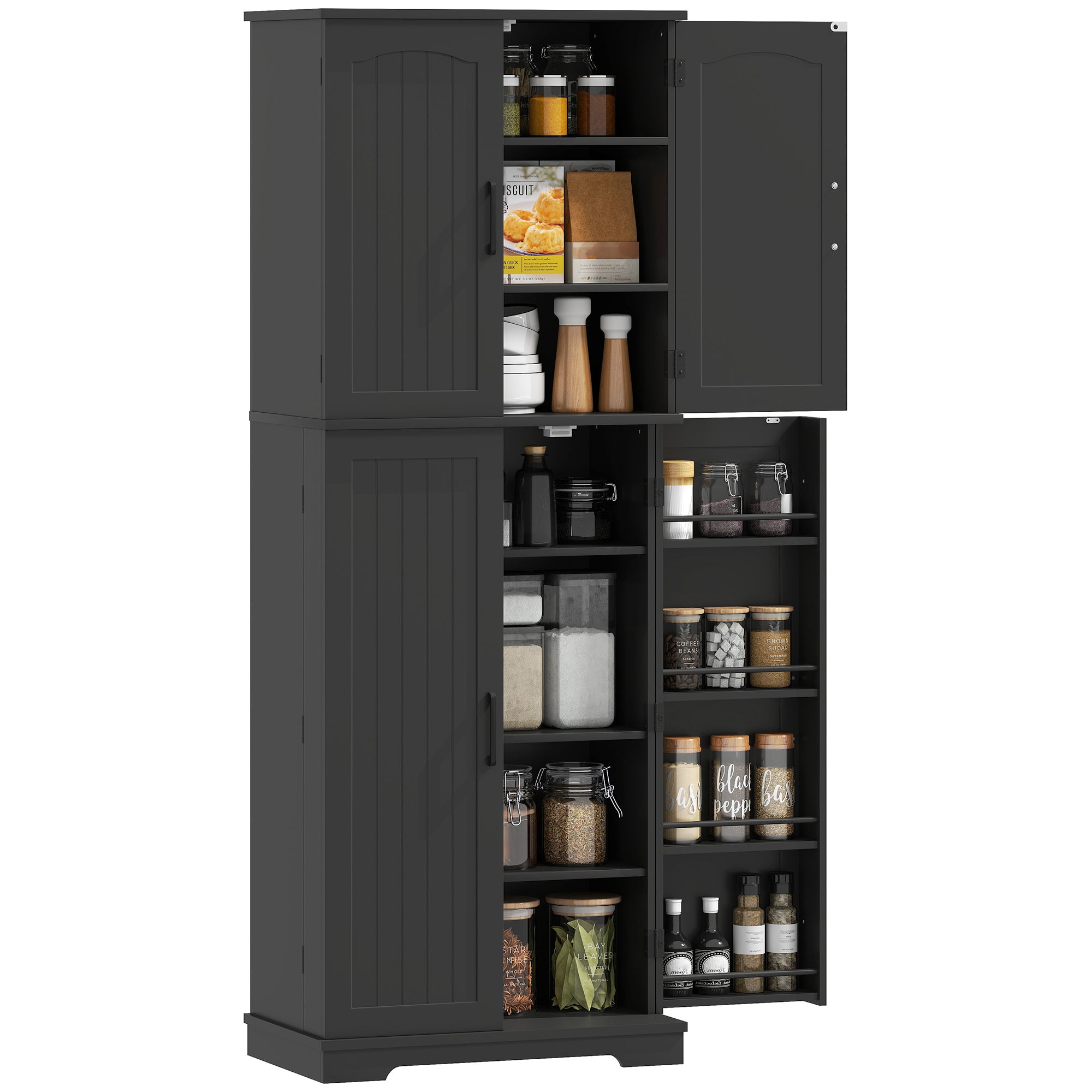Tall Pantry Cabinet - 64" Black Storage with Shelves & Spice Racks-DECOROLALA