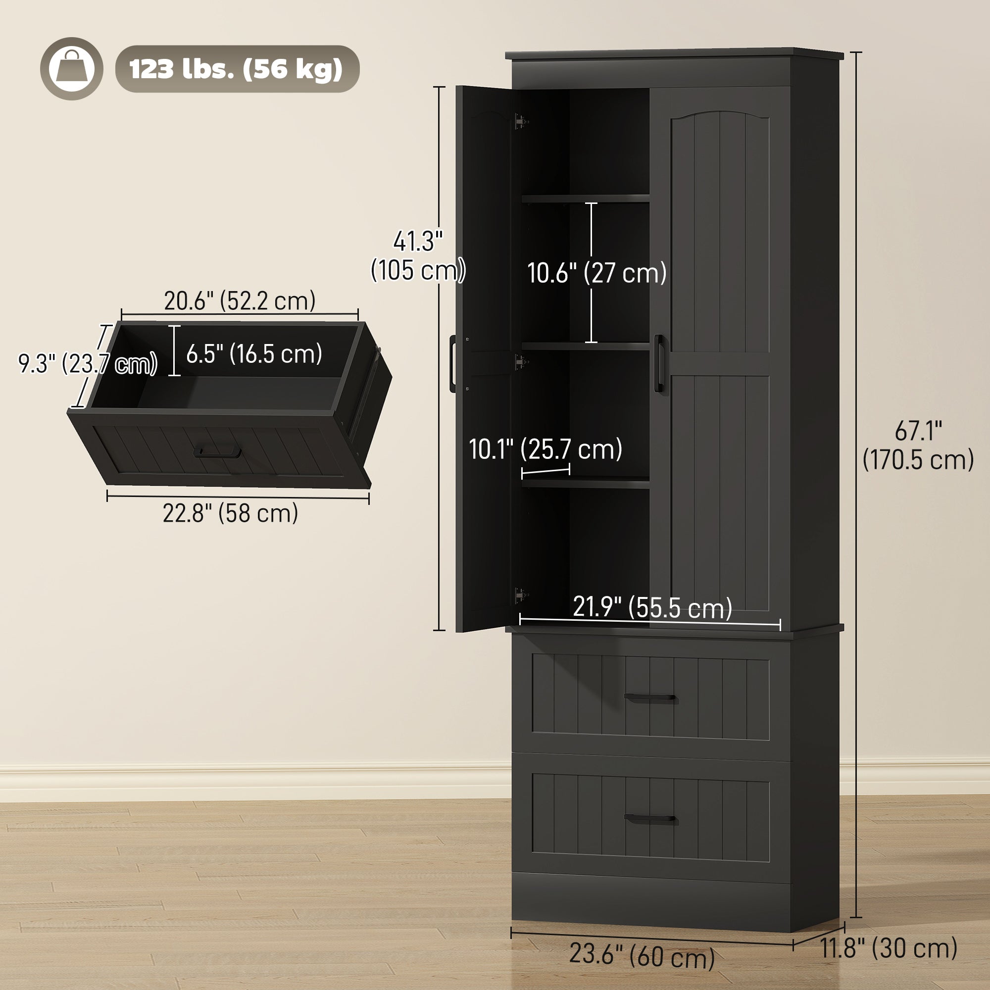 Tall Pantry Cabinet 67" Black Adjustable Shelves-DECOROLALA