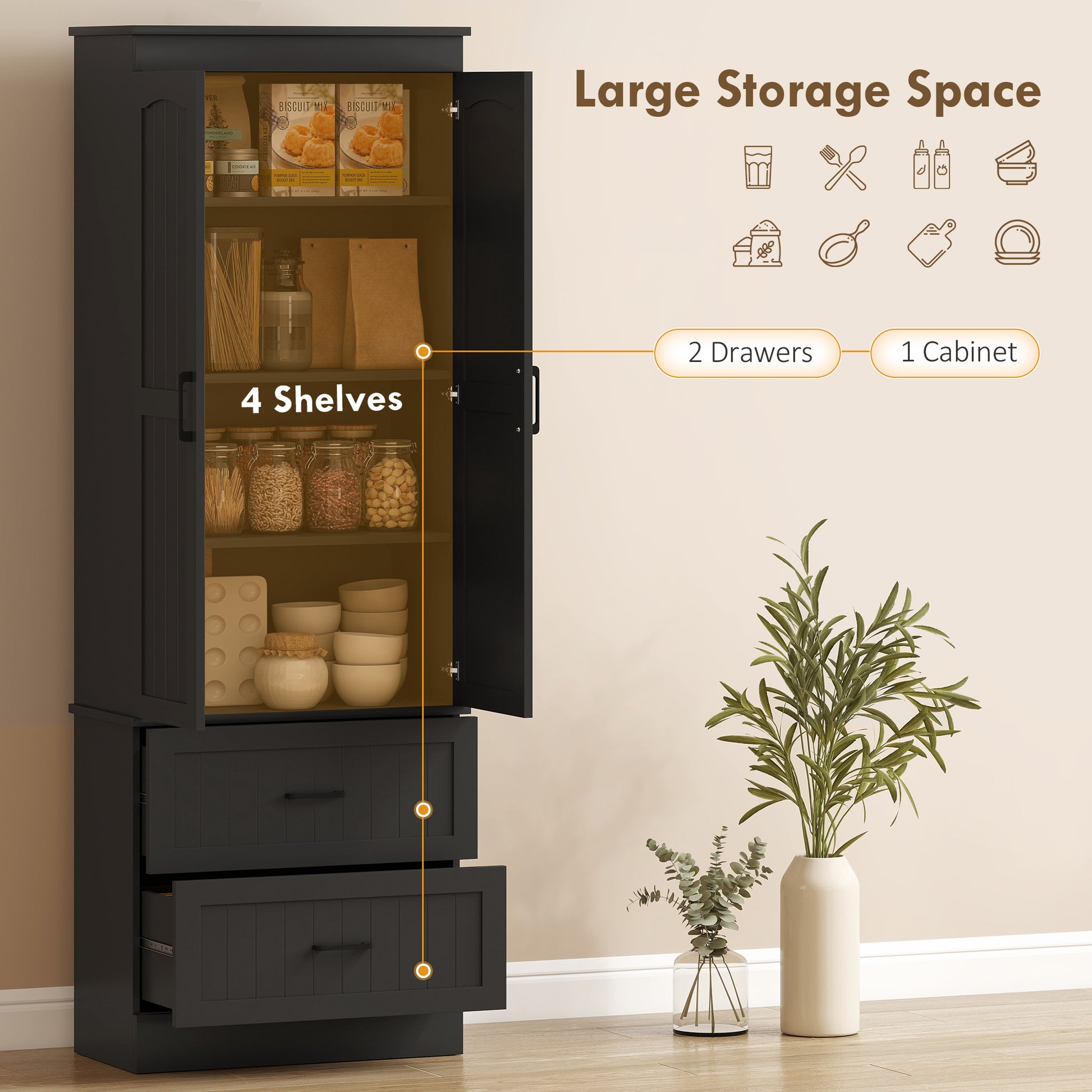 Tall Pantry Cabinet 67" Black Adjustable Shelves-DECOROLALA