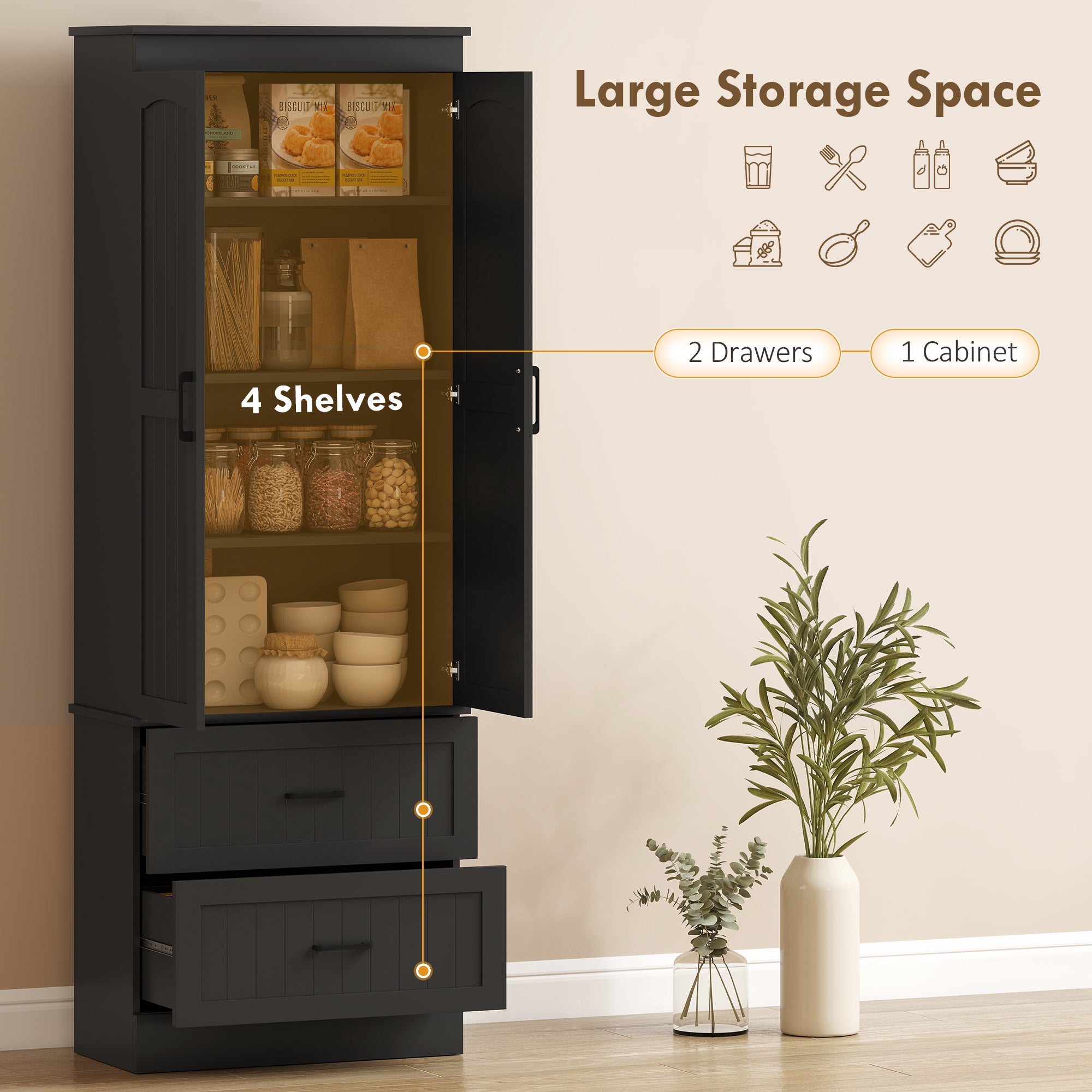Tall Pantry Cabinet 67" Black Adjustable Shelves-DECOROLALA